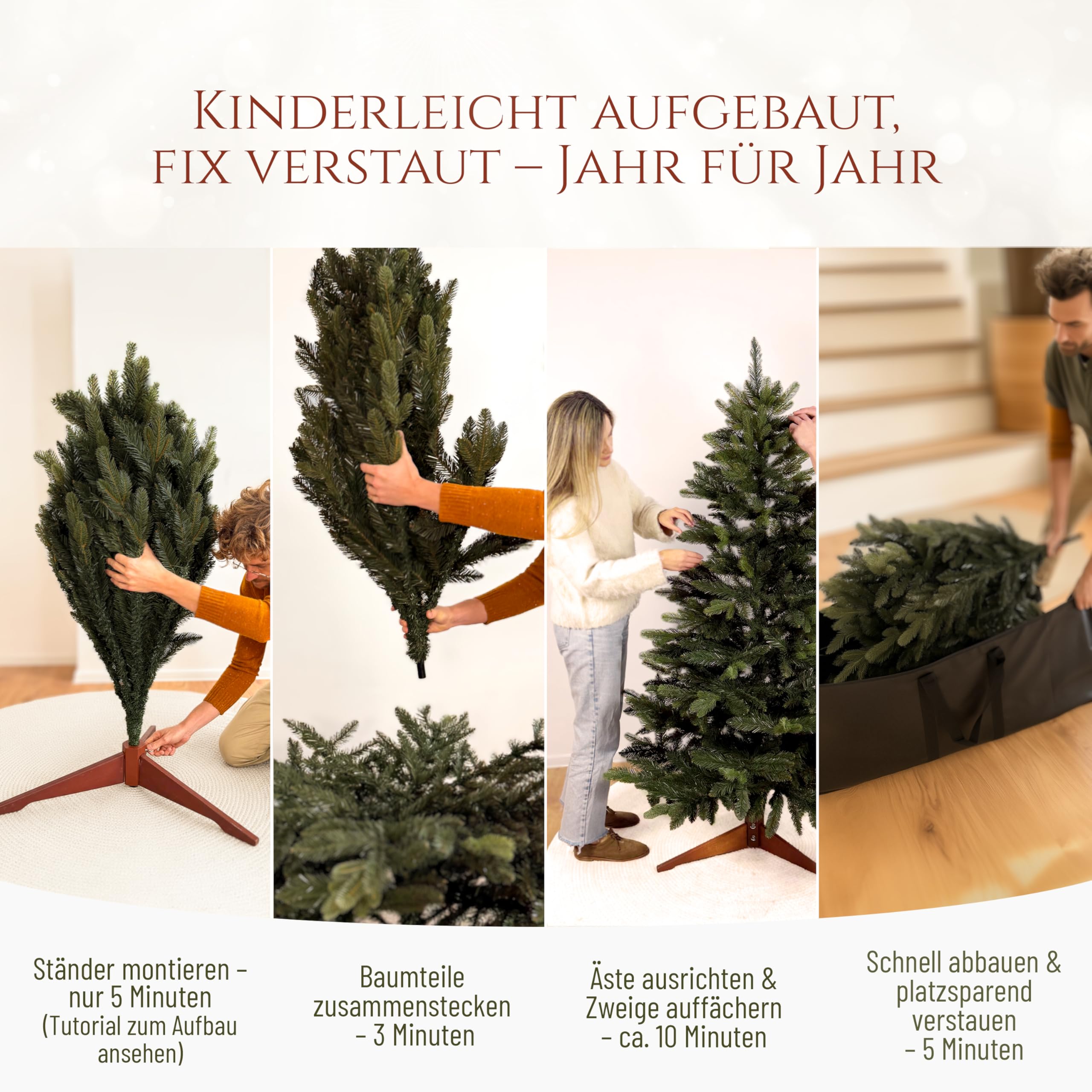 Premium Weihnachtsbaum künstlich 180cm - TESTSIEGER 10 Jahre GARANTIE - Naturgetreu, dichte Zweige, Künstlicher Weihnachtsbaum mit Holzständer, Christmas Tree Tannenbaum künstlich 180 cm Pure Living