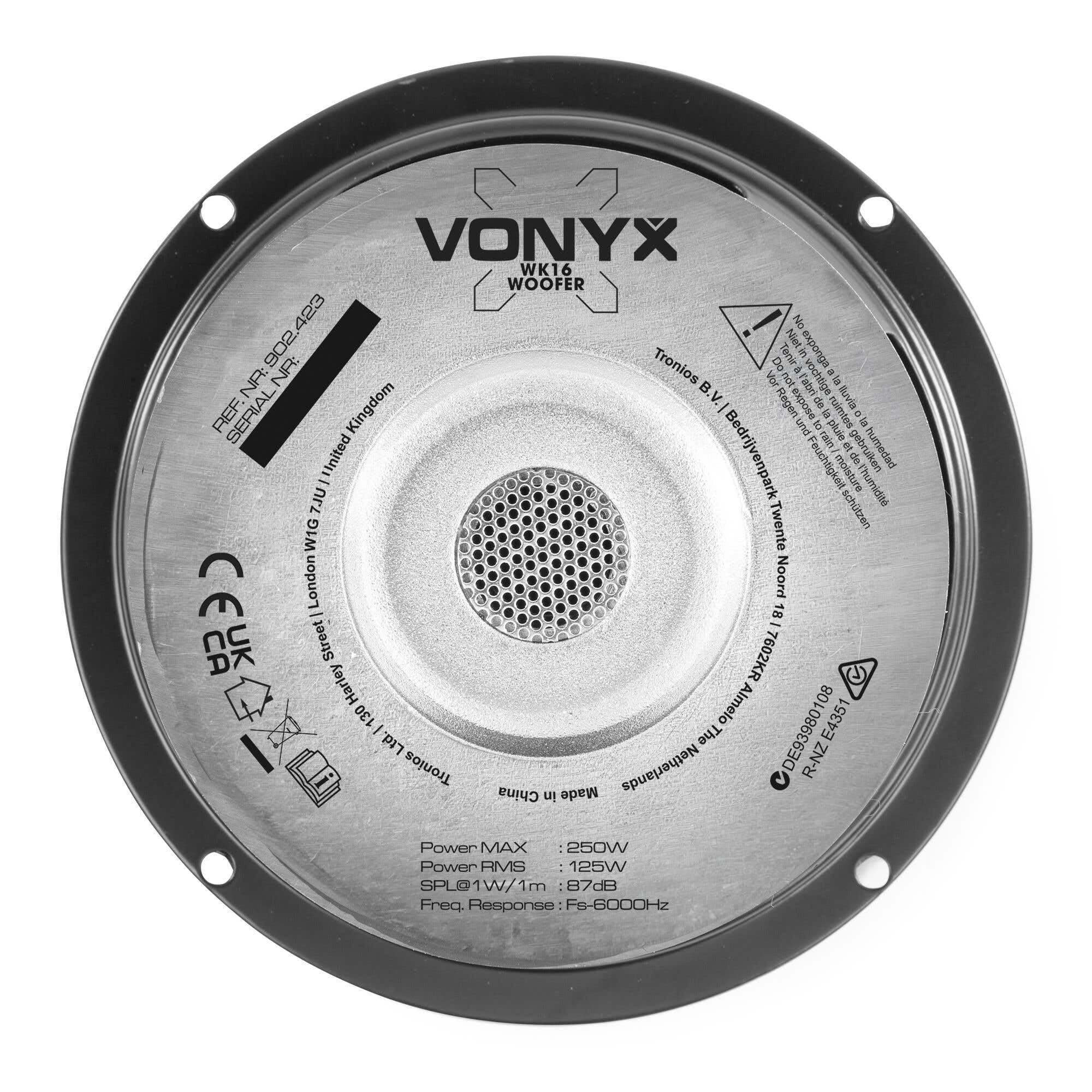 Vonyx WK16 - Haut-Parleur Grave 6,5", Puissance 250 Watts, Bobine Ventilée Résistante à la Chaleur, Suspension Caoutchouc, Membrane en Fibre Synthétique Résistante