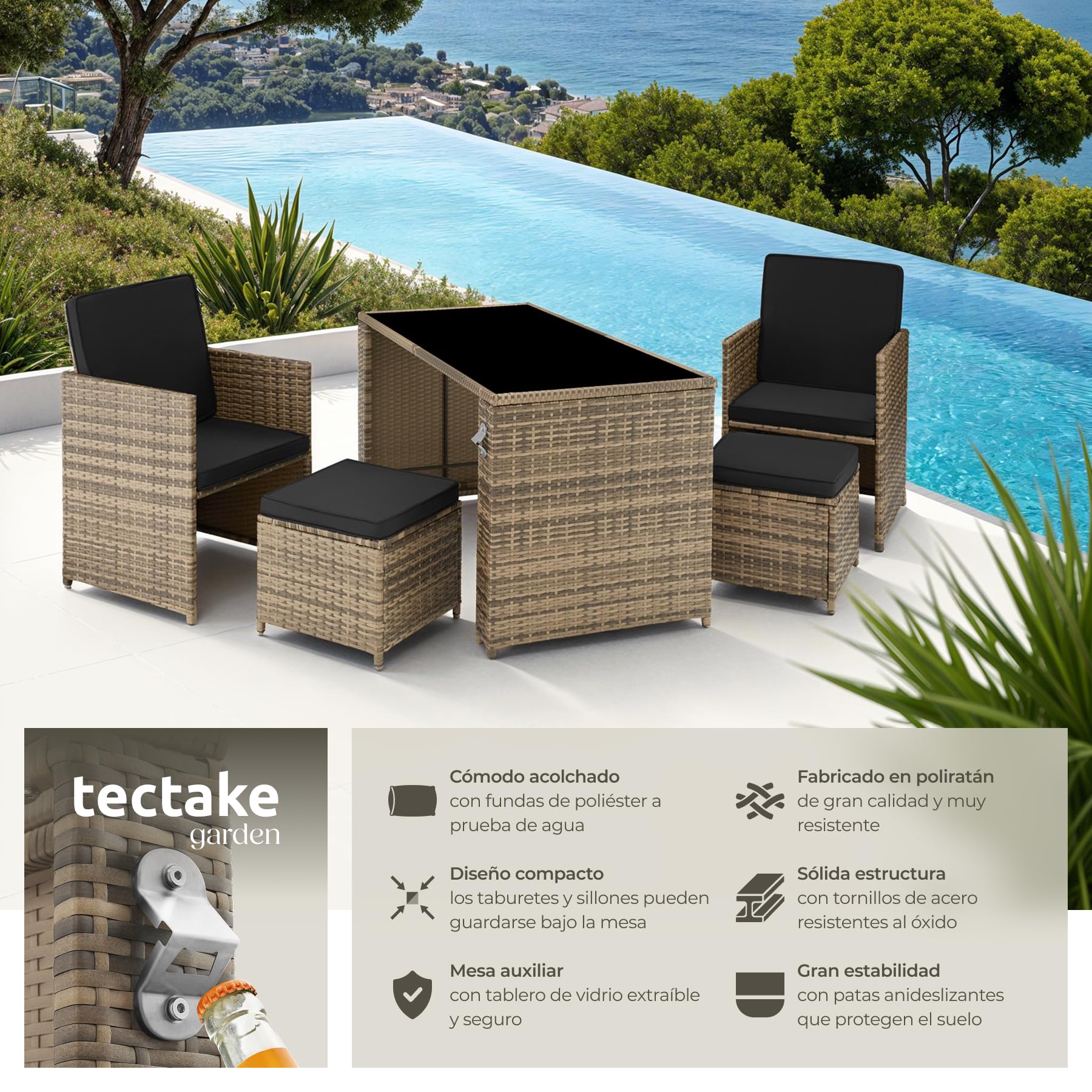 tectake® Conjunto Jardín Exterior de Ratán y Acero, Muebles Jardín Exterior Resistente a la Intemperie, 2 Sillones Plegables, 2 Taburetes, 1 Mesa con Cristal, con Cojines y Abrebotellas - marrón