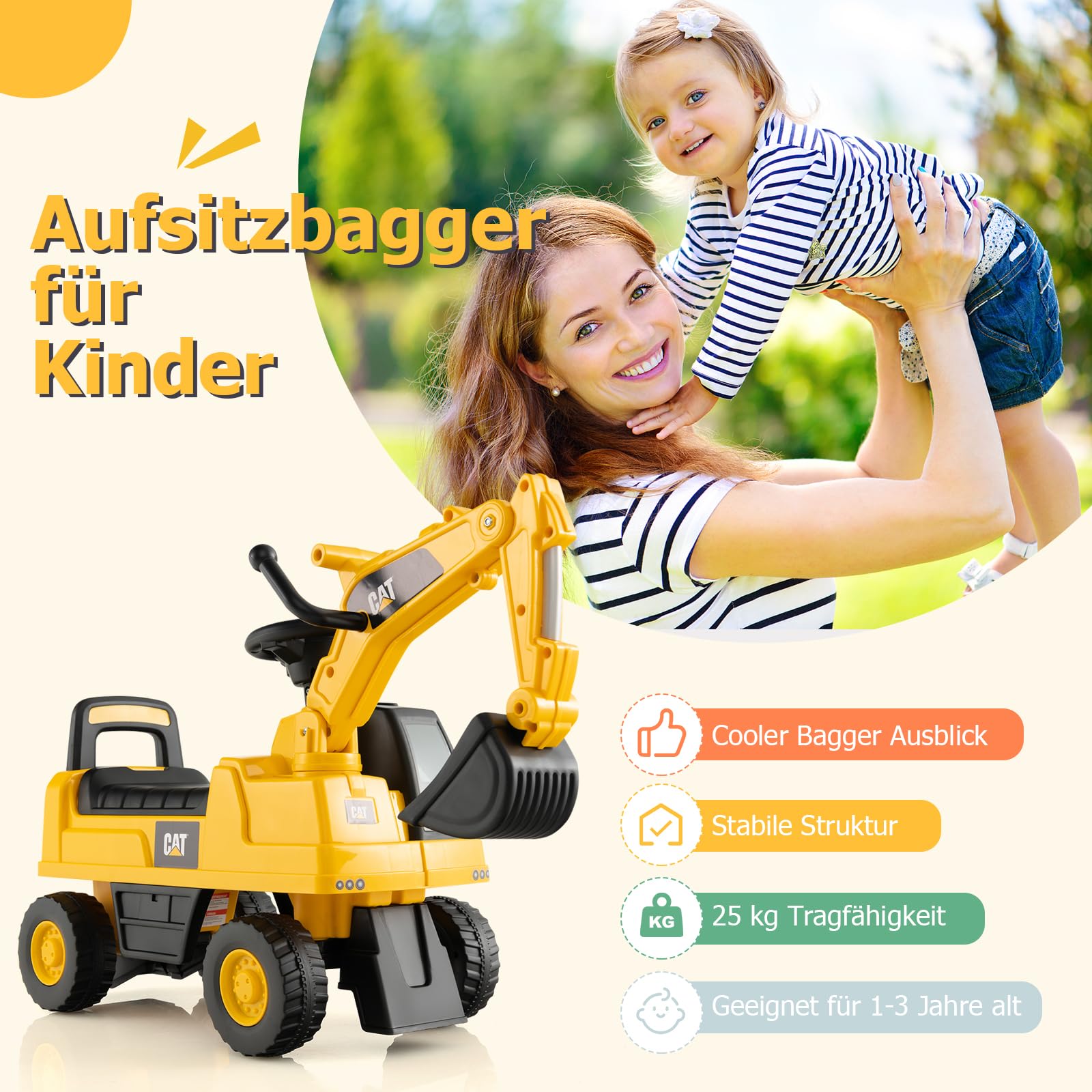 DREAMADE Sitzbagger, Bagger mit Lenkbarer Schaufel & Hupe, Rutschauto mit Stauraum unter Sitz, Aufsitzbagger mit Anti-Rutsch-Rädern & Anti-Rollover-Vorrichtung für 1-3 Jahre (Bagger)