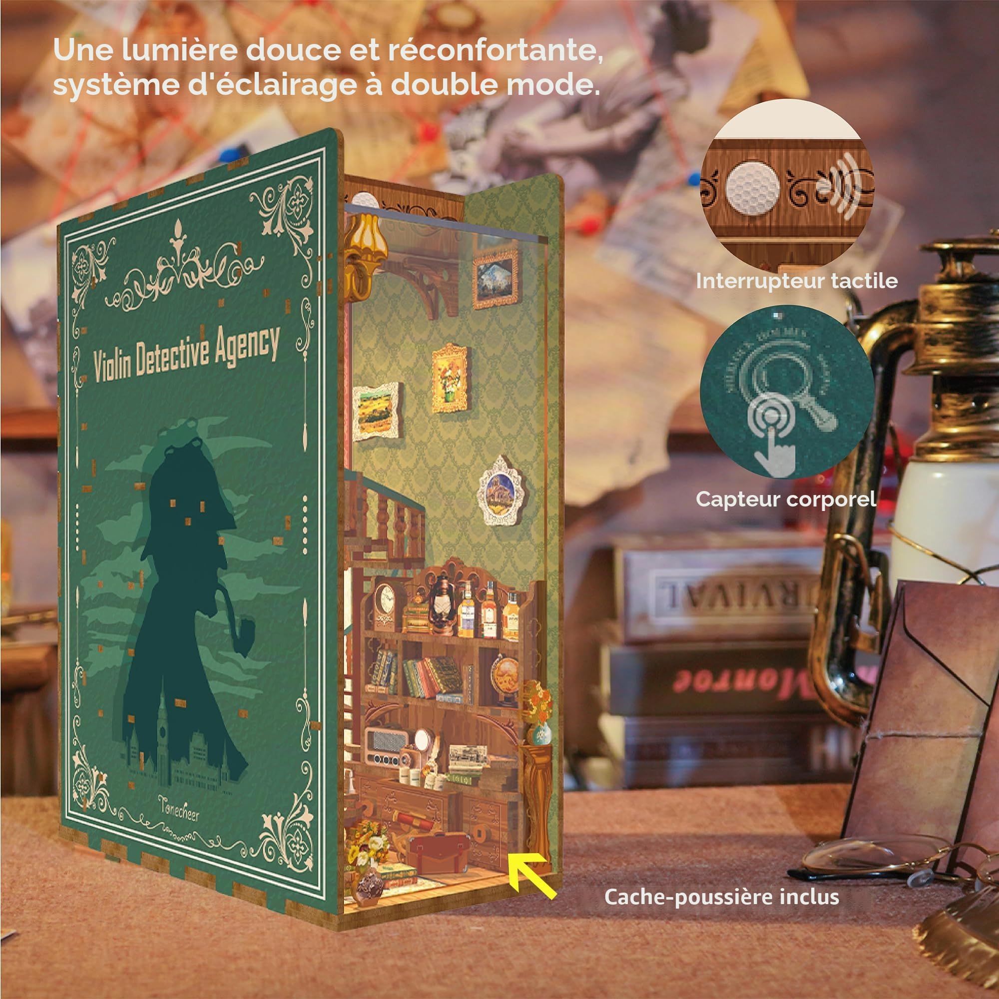Tonecheer Book Nook avec Lumière LED Kit Maisons de Poupées DIY Maison Miniature Puzzle en Bois 3D pour Adultes Bibliothèque Décoration Cadeau d'anniversaire（Agence de détective de Violon