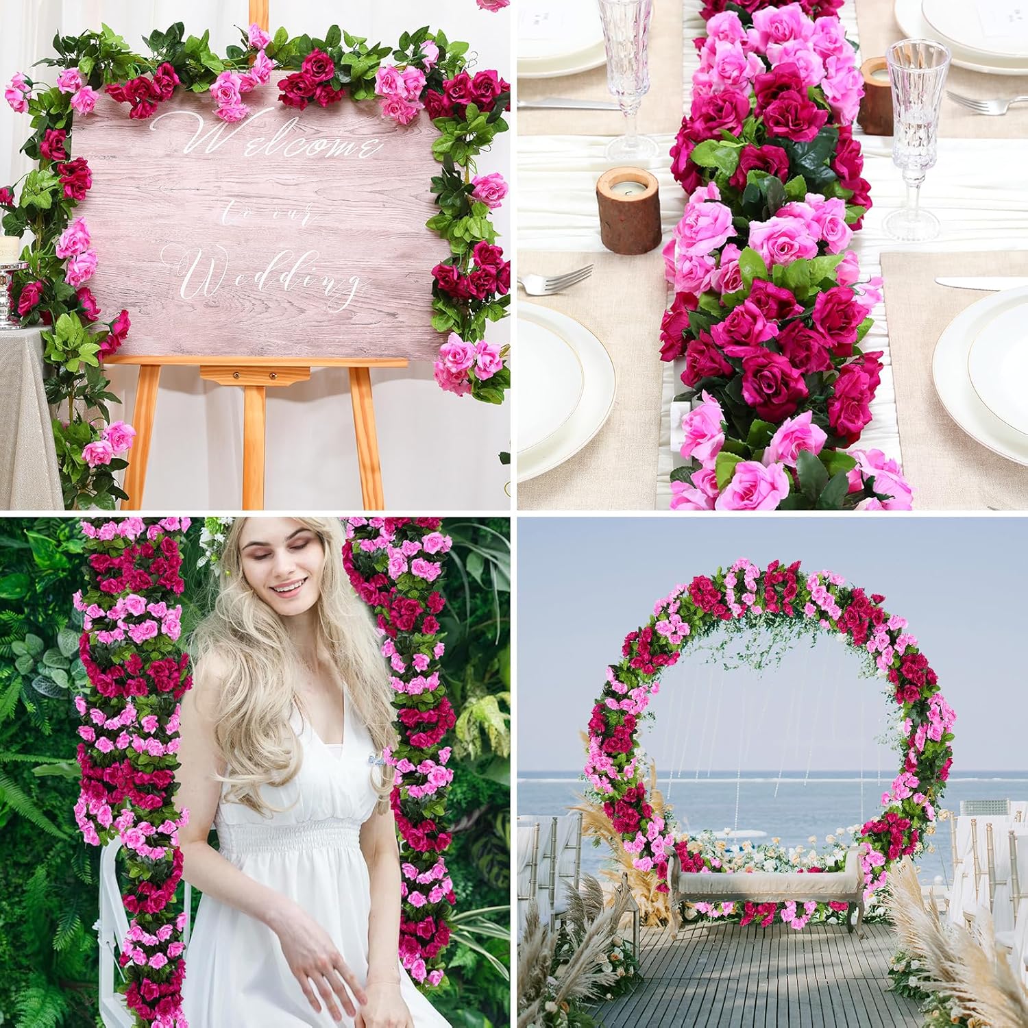 Floweroyal 4 Pack Artificial Flower Garlands 15.8FT Fake Rose Vines Silk Flowers Hanging Rose Ivy for Wedding Arch Party Home Garden Wall Decor (Fuchsia)