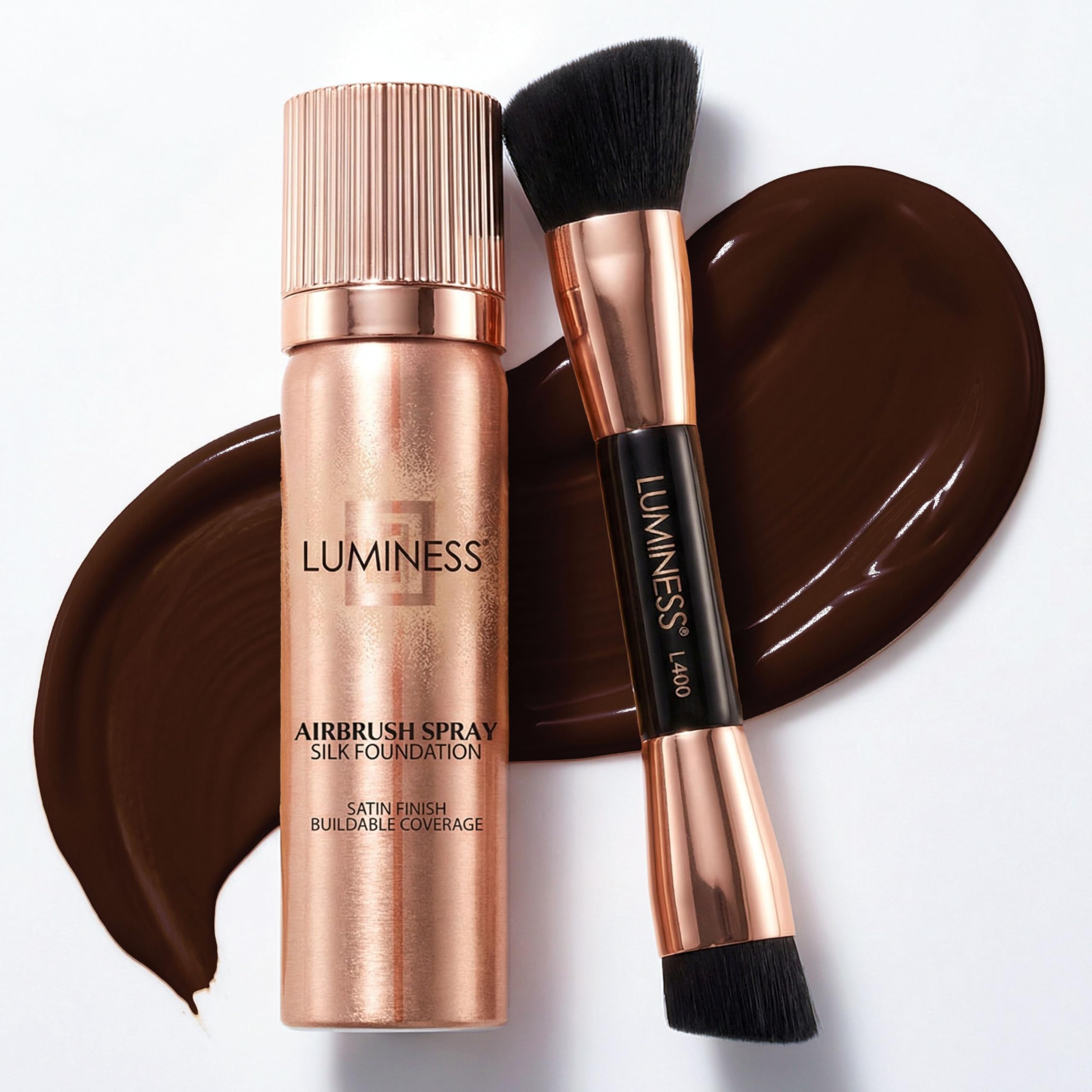 LUMINESS Silk Airbrush Spray Foundation & Buffing Brush Kit – Full Coverage Foundation & Dual-Sided Buffing Brush - Buildable Coverage, Anti-Aging Formula Hydrates & Moisturizes (Shade - Rich Dark)