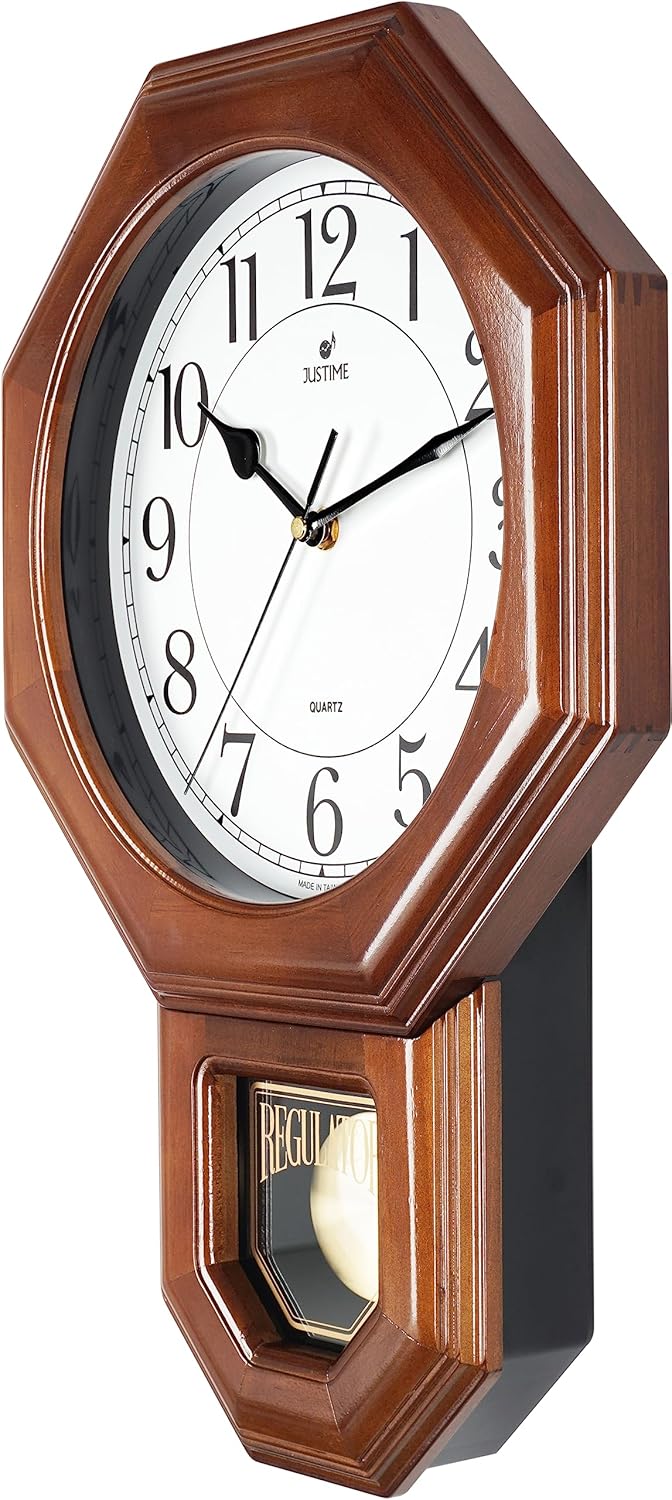 JUSTIME Traditional Schoolhouse Solid Wood Pendulum Wall Clock Chimes Hourly with Westminster Melody Chime Made in Taiwan (Dark Wood w/Westminster Chime)