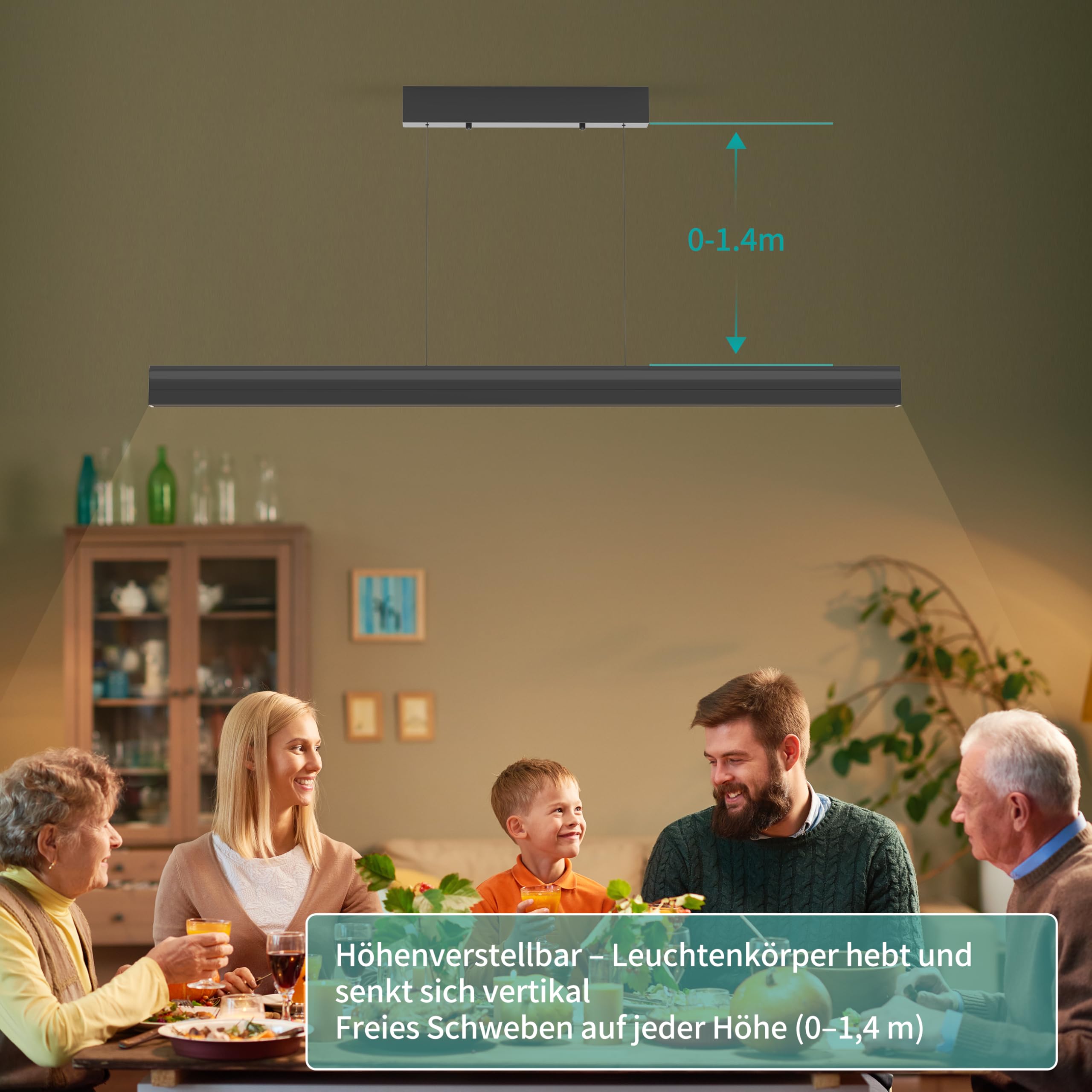 Pendelleuchte Esstisch 120cm, dimmbare Hängelampe mit Gestensteuerung, 10–100% Helligkeit & 3000K/4500K/6500K Farbtemperatur einstellbar, moderne Esstischlampe für Esszimmer, Büro