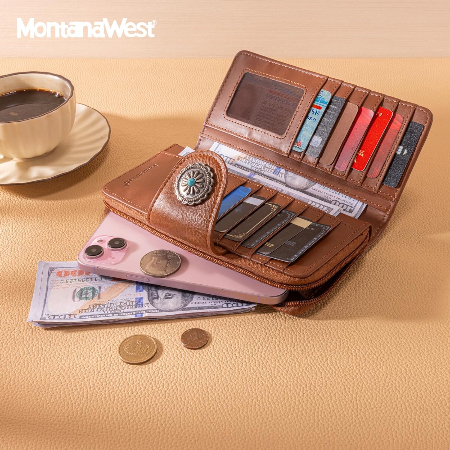 Montana West Brown Sunflower Wallets for Women RFID Blocking Wallet Large Capacity Phone Clutch Wallet Ladies Female Western Bifold Wallets with Coin Purse - Image 2
