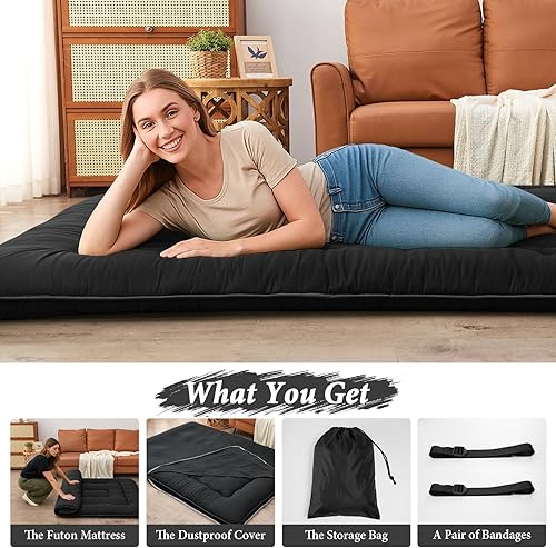 Miniatura 7 de DAICO Colchón japonés de suelo tipo futón tamaño matrimonial de 54 x 80 pulgadas, 4 pulgadas de grosor, tapete de tatami plegable, tapete enrollable