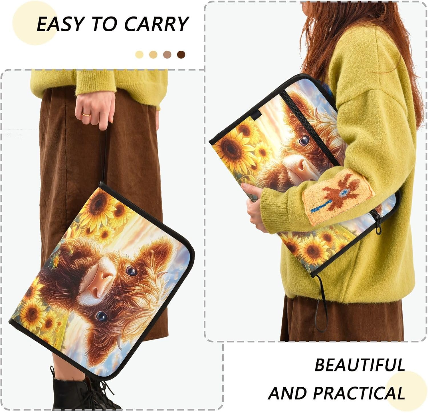 Highland Cow Sunflower 13 Pocket File Organizer Expanding File Folder with Front Pouch Portable Business File Storage Document Organizer Folder with Zipper