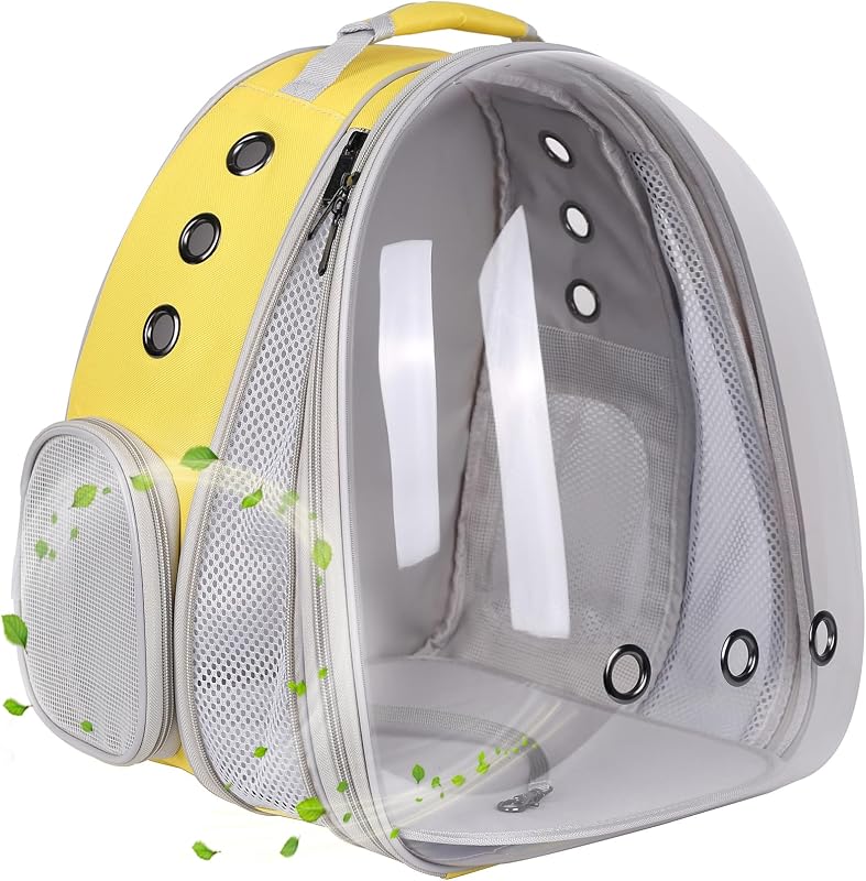 Mochila para Transporte de Gatos Grande com Extensão Frontal e Janela Transparente em Formato de Bolha halinfer, até 8,16 kg (Amarelo, Gen 1 - Janela Transparente)