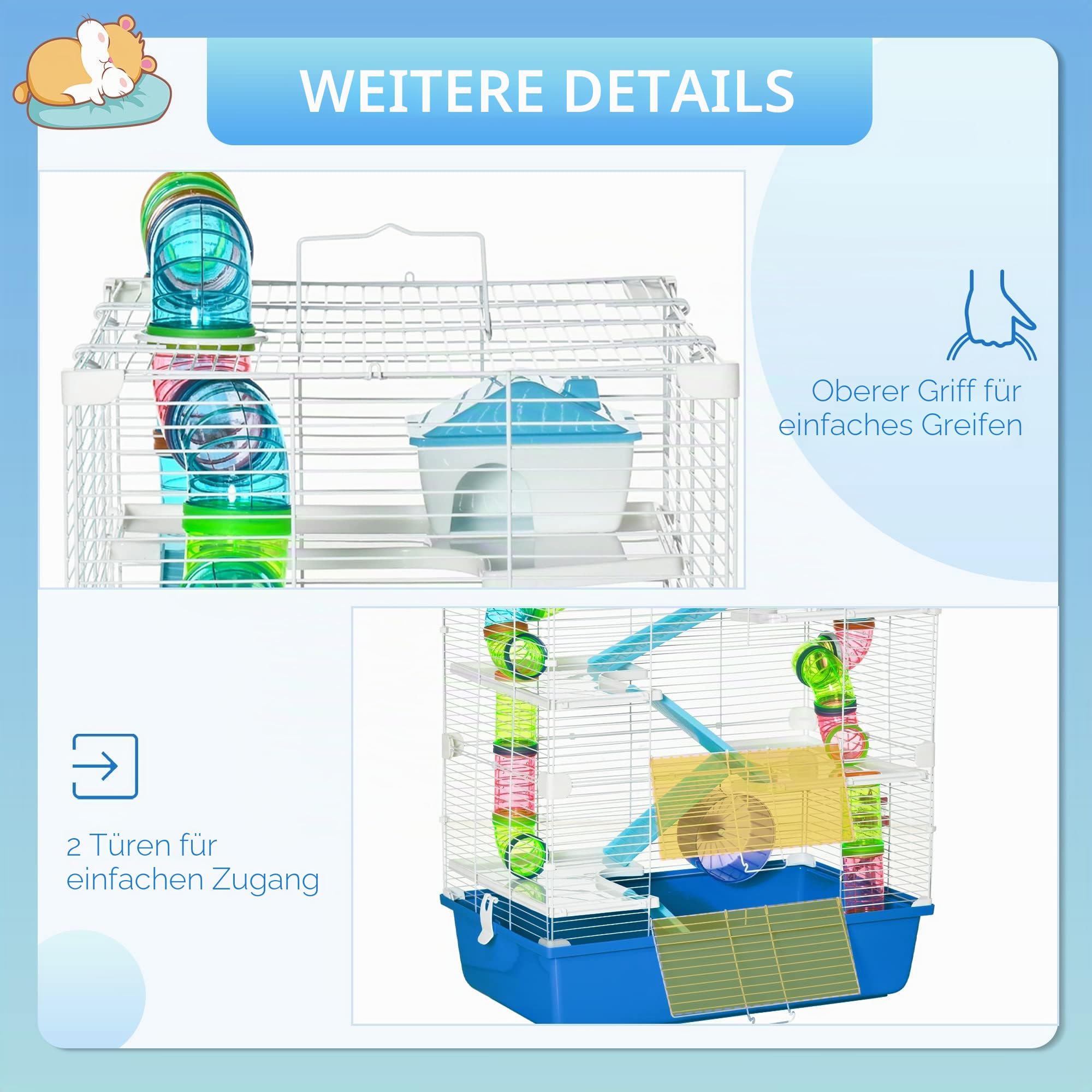 PawHut 5-stöckiger Hamsterkäfig mit Röhren, Käfig, Wassertank, Rampen, Schüssel, Plattformen und Rad, Nagetierkäfig mit 2 Stahlgriffen, PP und PS, 59x36x69 cm, blau und weiß