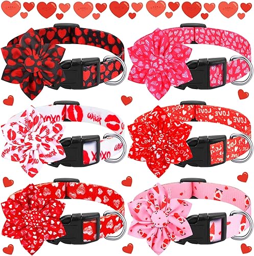 Paterr 6 piezas de collar de San Valentín para perro con flores ajustables para perros hembras o machos, collar de San Valentín ajustable con flores
