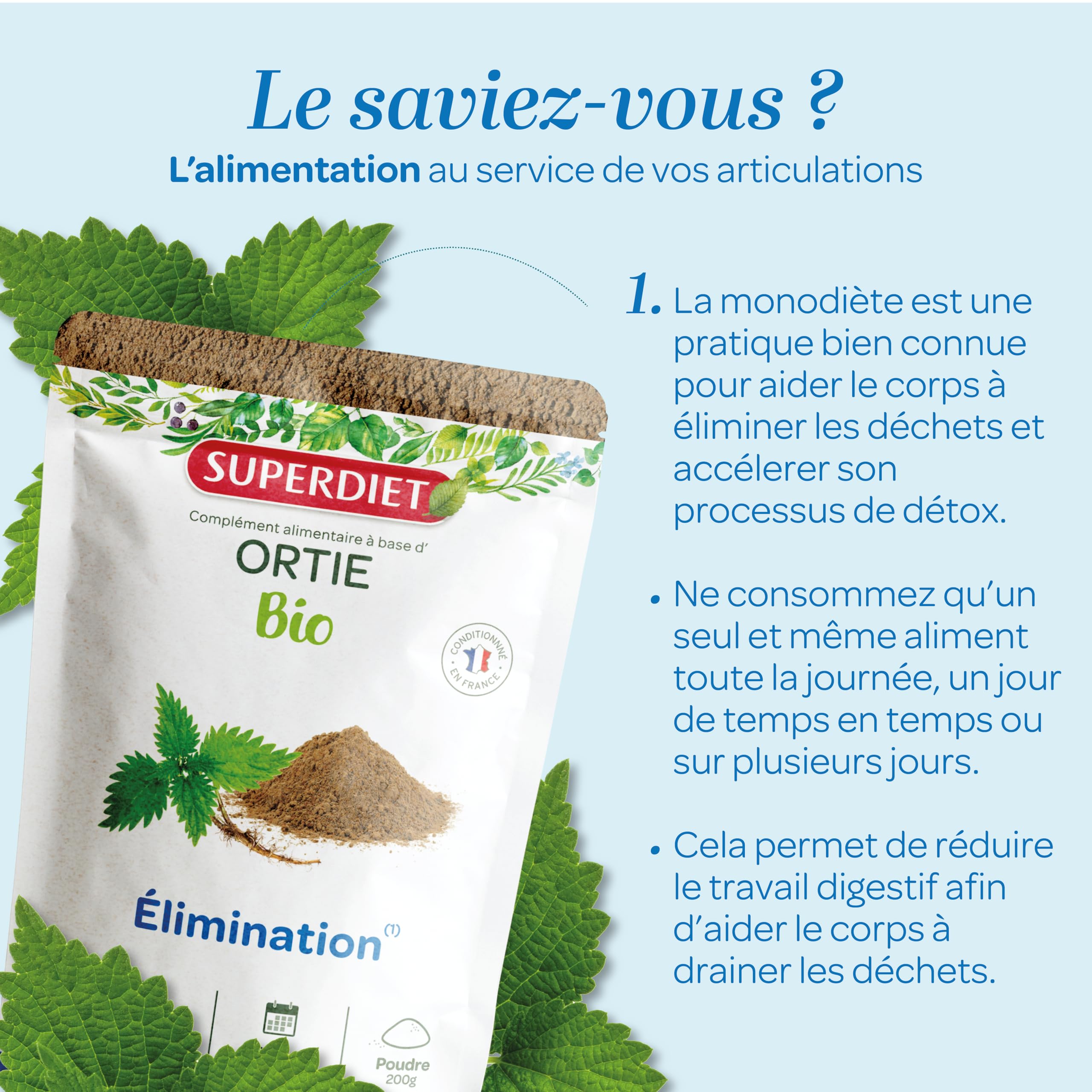 SUPERDIET - ORTIE BIO - Élimination- Sachet refermable - Conditionné en France - Poudre 200 g