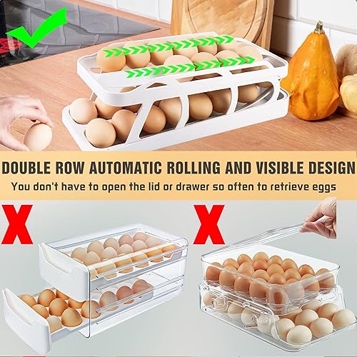 Miniatura 3 de Soporte para huevos para refrigerador, dispensador de huevos rodante de 2 niveles, almacenamiento de 28 huevos, contenedor automático para