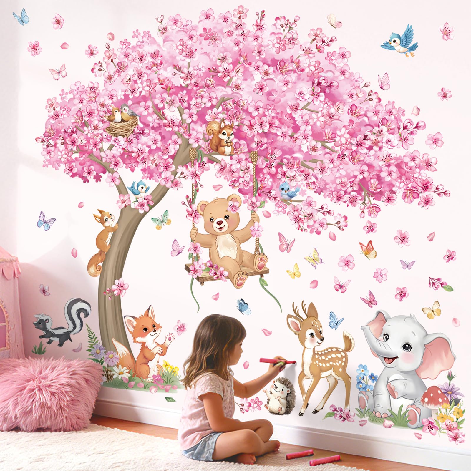 decalmile Stickers Muraux Animaux Bois Arbre Fleur de Cerisier Grand Autocollant Mural Animaux Forêt Cerf Renard Fleurs Rose Décoration Murale Bébé Fille Chambre Enfants Pépinière