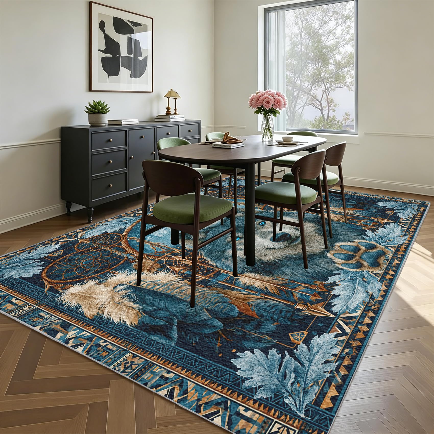 Teppich Wolf Native American Teppiche Schlafzimmer 100x150 Traumfänger | für Schlafzimmer Bettvorleger, Weicher Waschbarer & Kurzflor Rutschfester