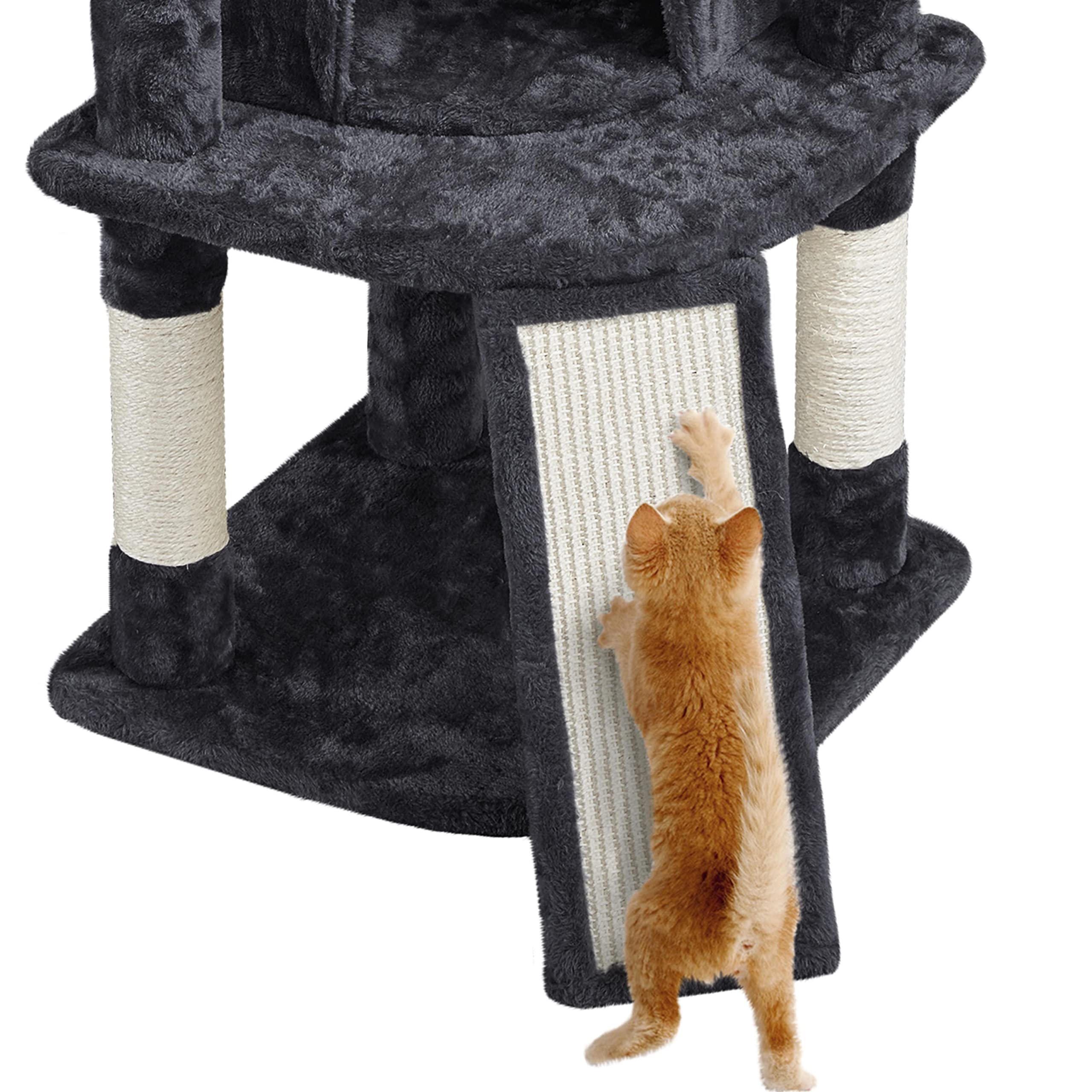 Yaheetech Árbol Rascador para Gatos Altura 106 cm Torre de Gatos Negro | Rampa de sisal, Correa antivuelco, postes cuerda de sisal, Bola colgante sustituible, Condominio grande, cesta acogedora