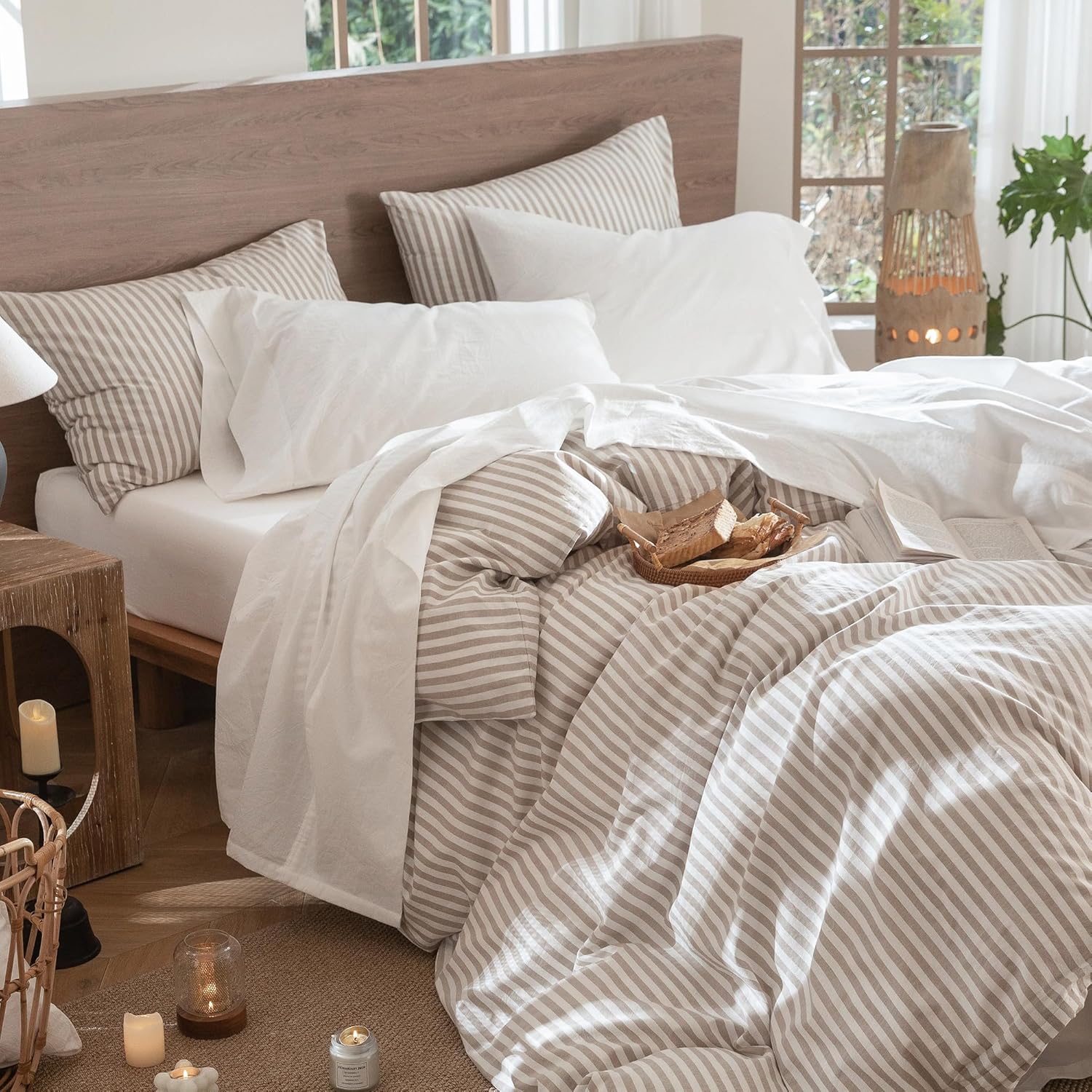 MooMee Bedding Sheet Set 100% Washed Cotton Linen Like Textured Breathable Durable Soft Comfy (Solid Off White, Queen) - Image 7