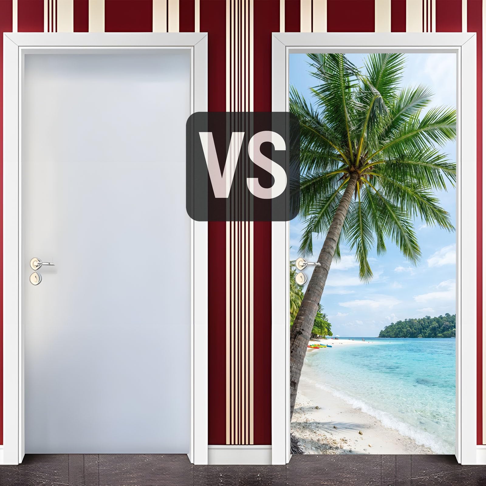 Naturaleza paisaje de playa 3D autoadhesivo para puerta 90 x 200 cm - vinilo para puerta papel pintado pared pared olas tropicales diseño palmeras póster extraíble decoración para dormitorio sala de