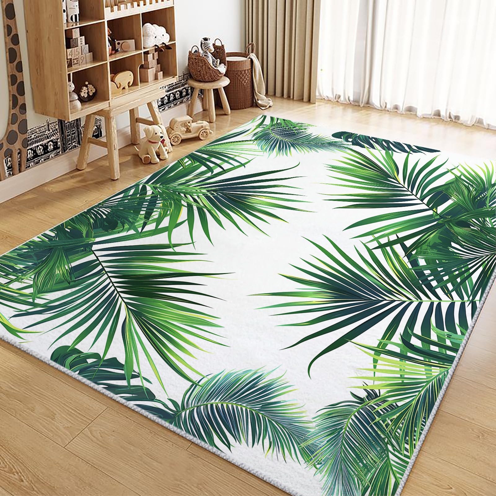 Tapis Salon Chambre Feuilles De Palmier Vertes 140x200cm Doux Antidérapant Tapis Intérieur, Lavable en Machine, pour Chambre Adulte Salle à Manger Cuisine Bureau