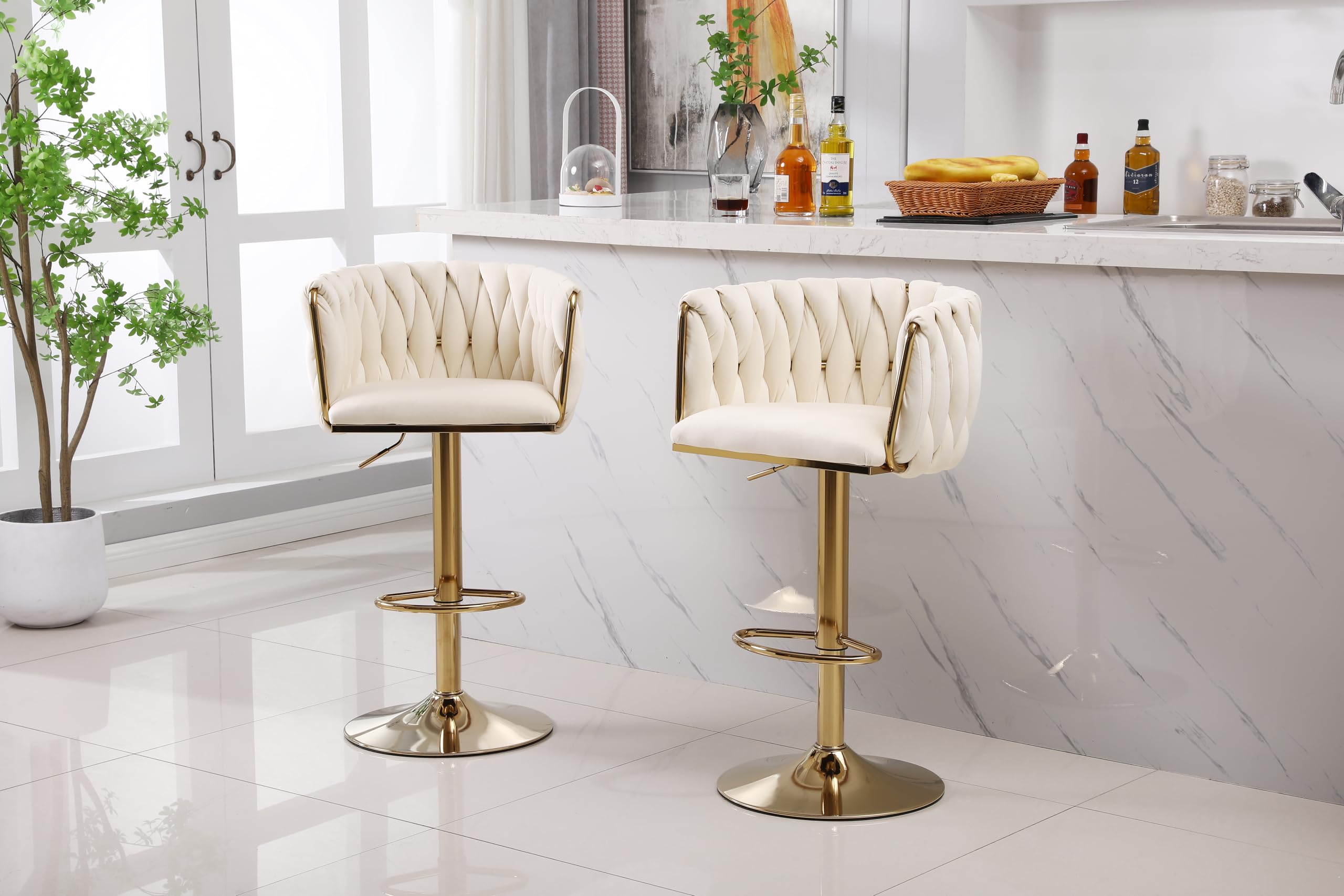 FEFE Modern Set Of 2 Bar Stools - 360 Degree Swivel Bar Stool With Gold Base Adjustable Counter Height Velvet Kitchen Island Chairs For Dining Room, Kitchen, Cafe Pub Barstools (2, Cream Gold)