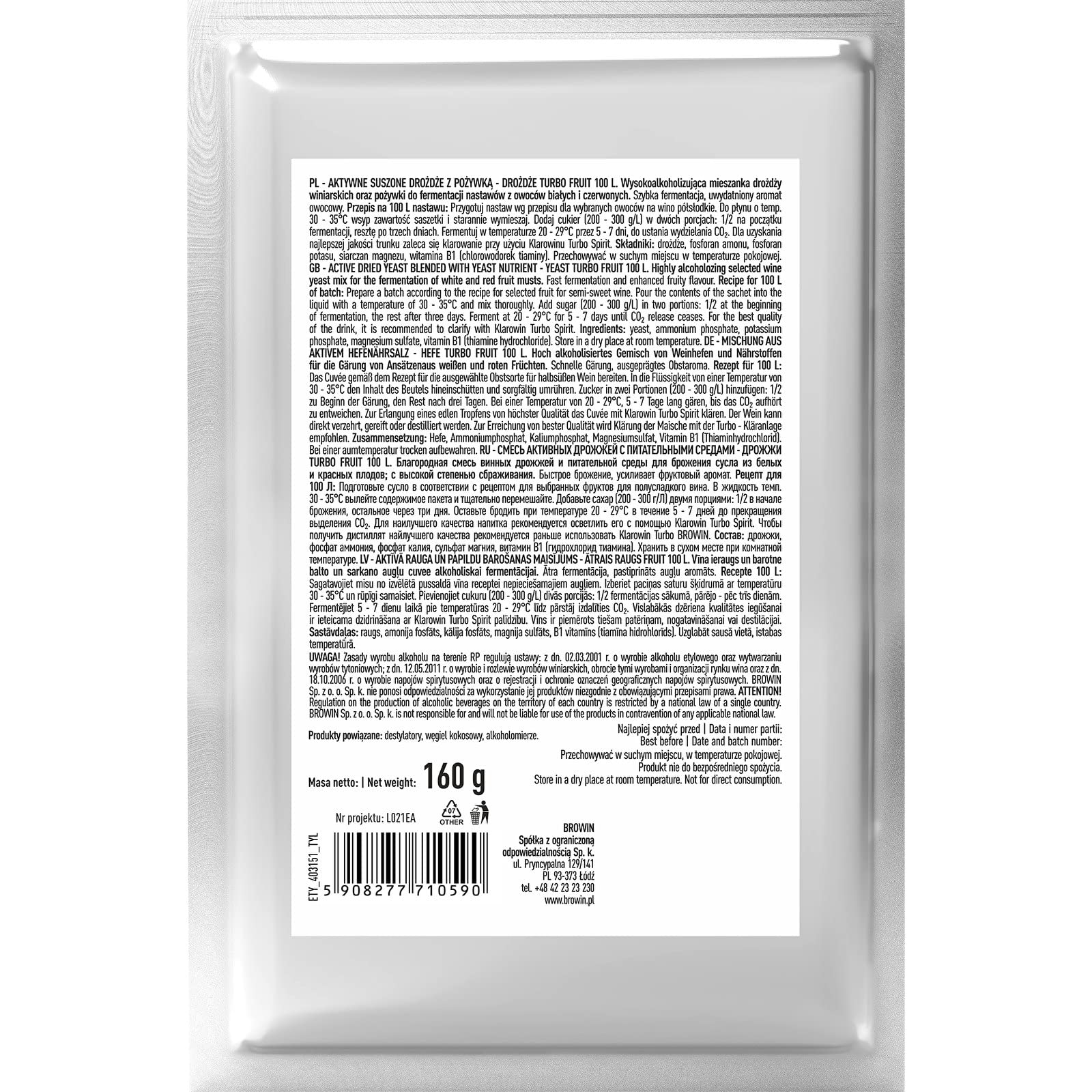 Browin 403151 Turbo Fruit Levure de Vin 160g | Fermentation Rapid - 5 à 7 Jours | Jusqu'à 100 Litres d'Alcool | Sèche Levure de Vin, Brandy | Nutriment Minéral avec Vitamine B1 (Lot de 4)