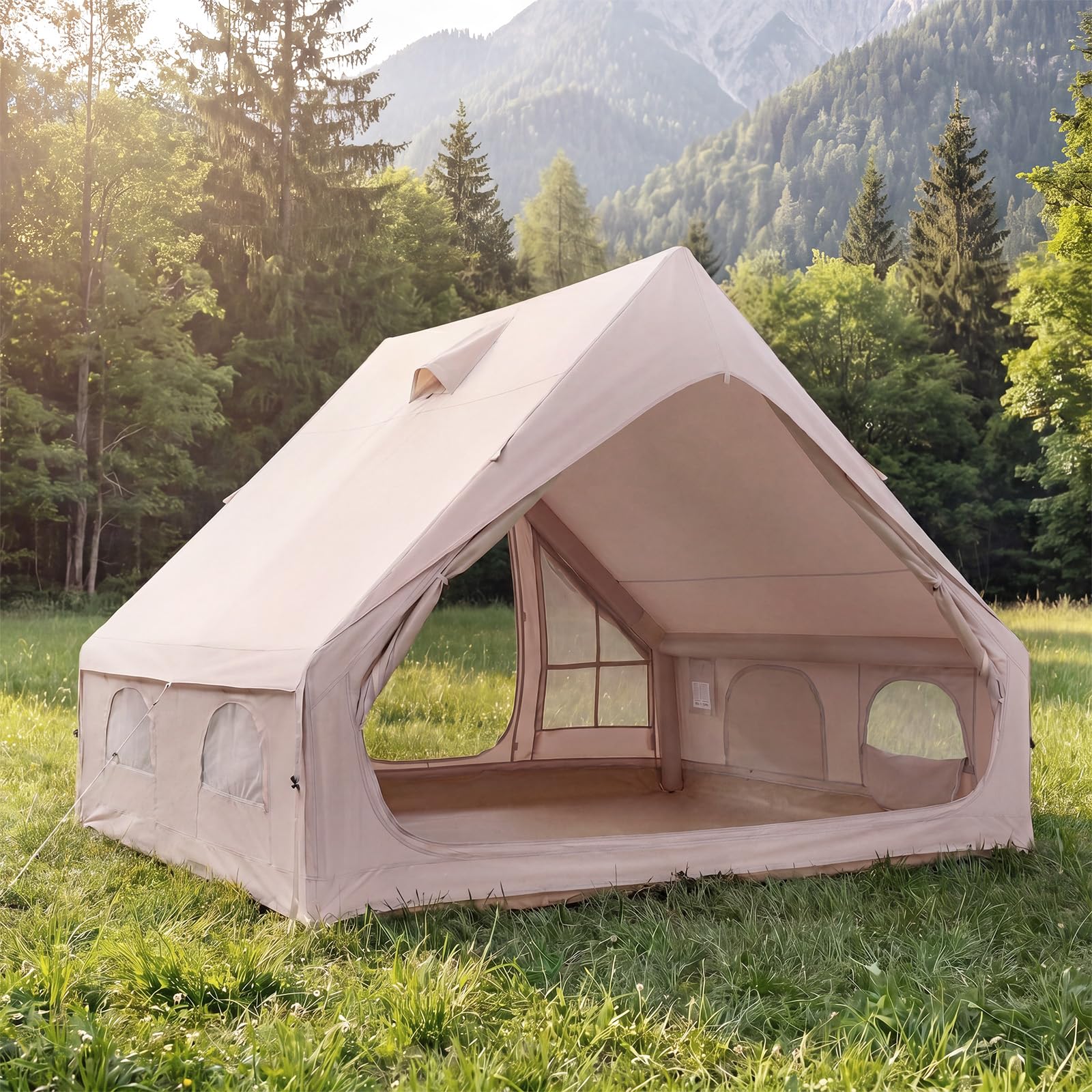 COSTWAY Tente de Camping Gonflable, Grande Tente Portable 4 Personnes avec Pompe à Air Ouverture de Cheminée Port Climatiseur, pour Voyage Camping, 295 x 205 x 200 cm, Kaki