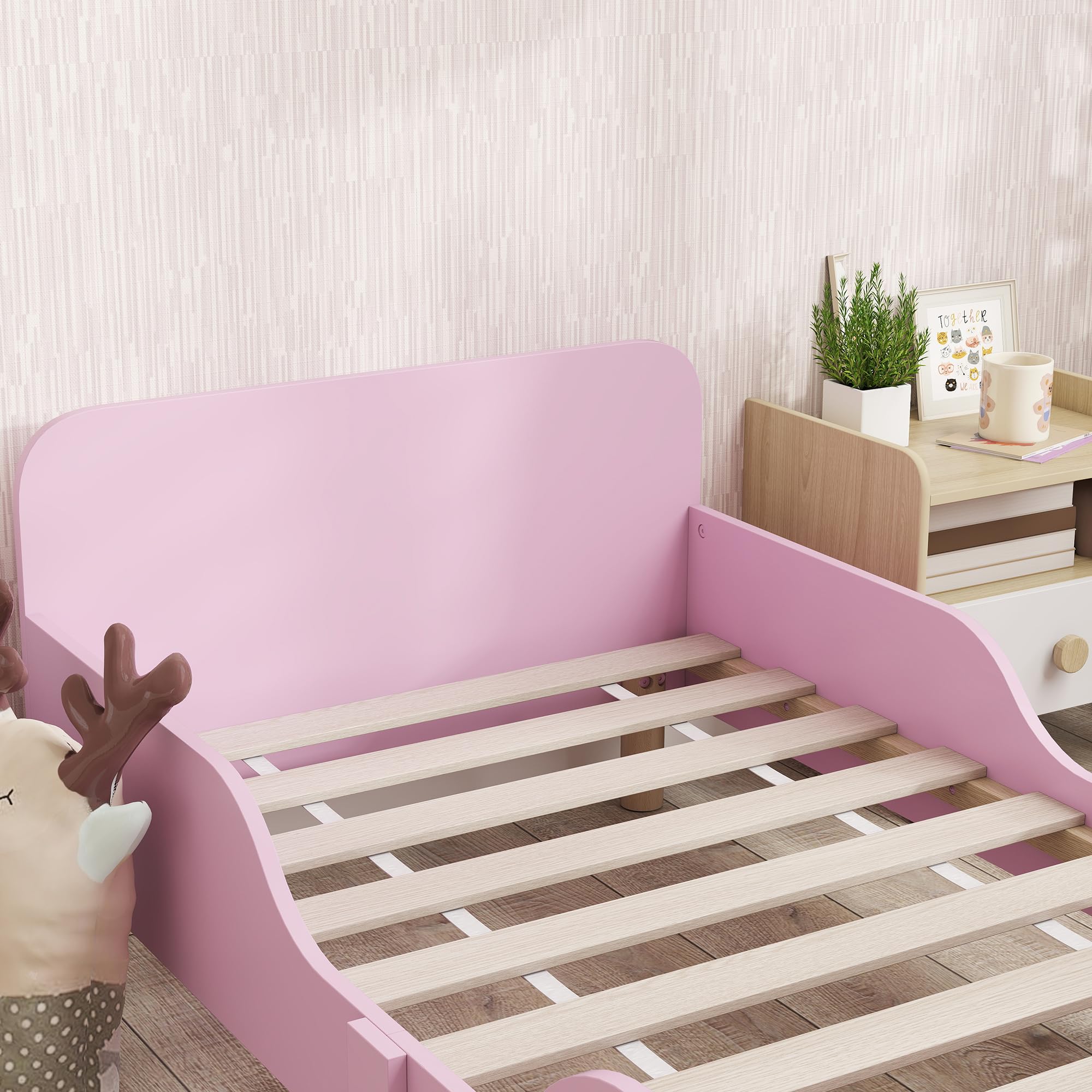 AIYAPLAY Kinderbett mit Rausfallschutz, Lattenrost, 140 x 70 cm Jugendbett mit Kopf- und Fußteil, Einzelbett aus Holz, Holzbett für Mädchen und Jungen, Rosa | mit Rausfallschutz