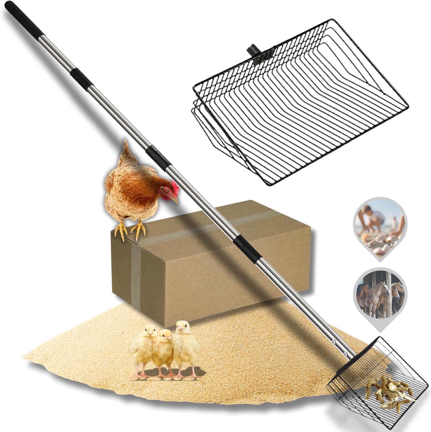 10inch Large Metal Chicken Poop Scooper, Chicken Poop Scooper for Sand with Adjustable Stainless Steel Handle, Chicken Coop Scooper for Sand Suitable for Chicken Coops, Rabbit Coops, Stables, Gardens