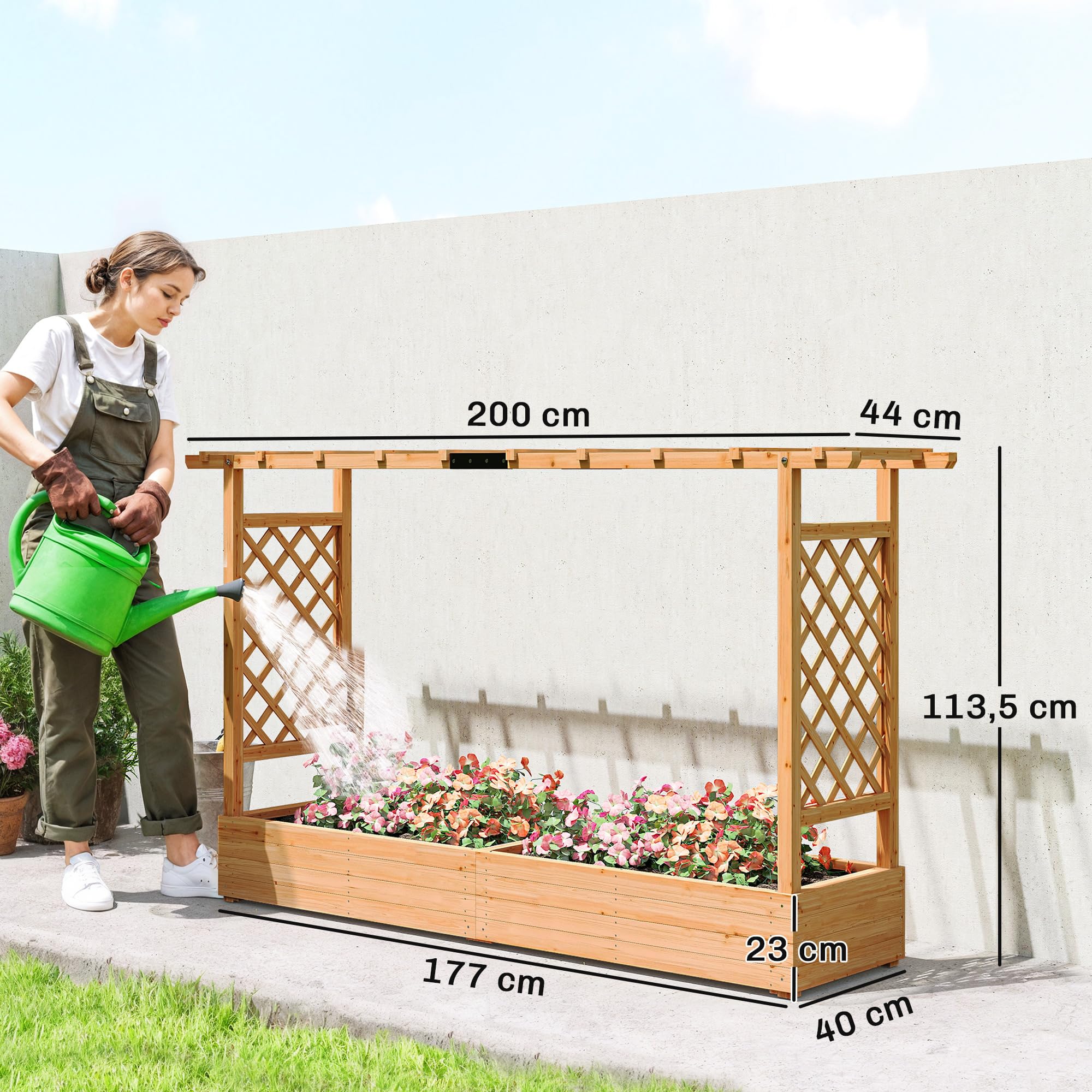Outsunny Jardinière Surélevée avec Treillis Latéral et Supérieur, bac à Fleurs, lit surélevé Trous de Drainage, pour Plantes grimpantes, Fleurs, extérieur, Bois Massif, 200x44x113,5cm, Bois Naturel