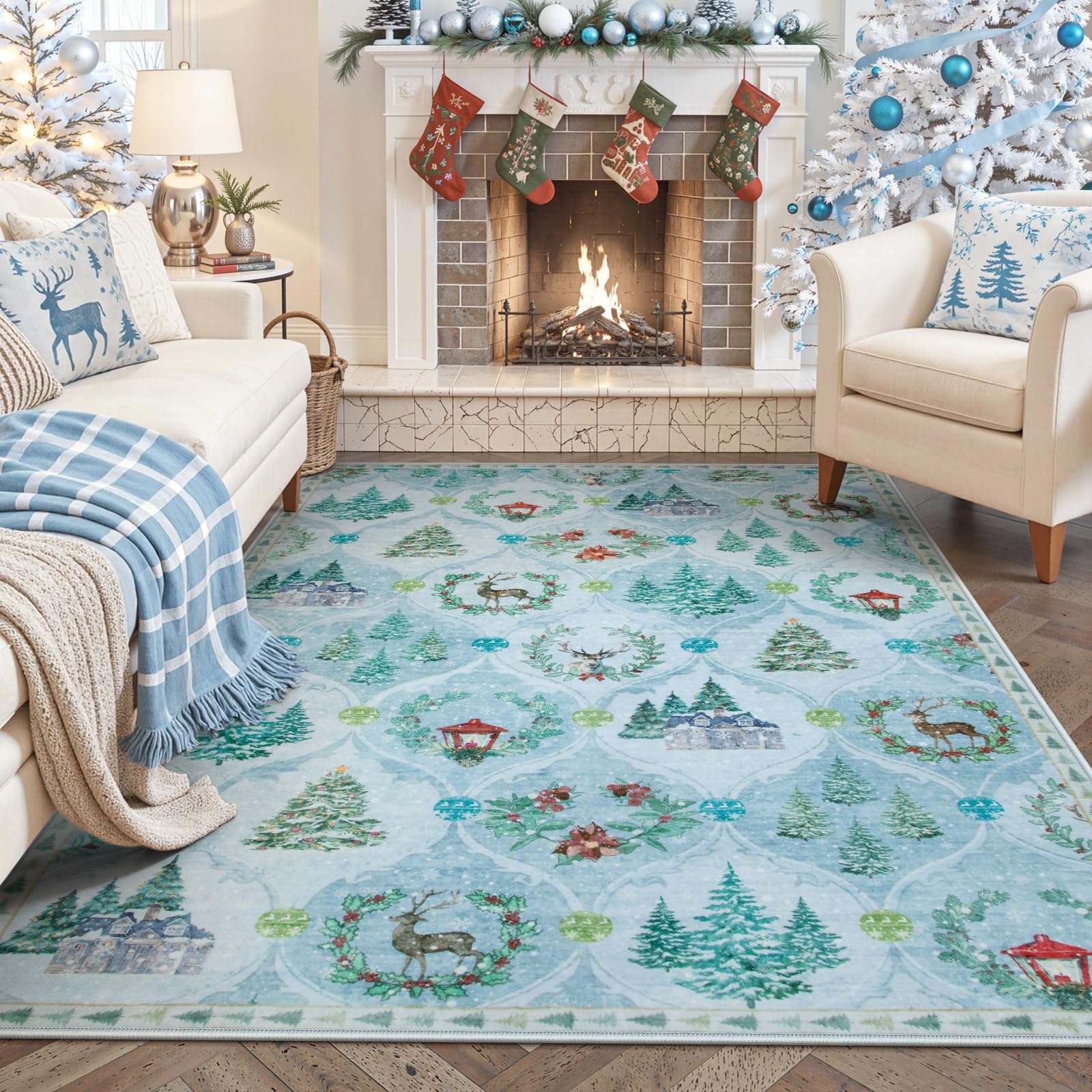 Lahome Light Blue Christmas Rugs for Living Room, Frozen Christmas Area Rugs 5x7, Washable Rugs for Bedroom Large Soft Winter Xmas Tree Carpet for Nur