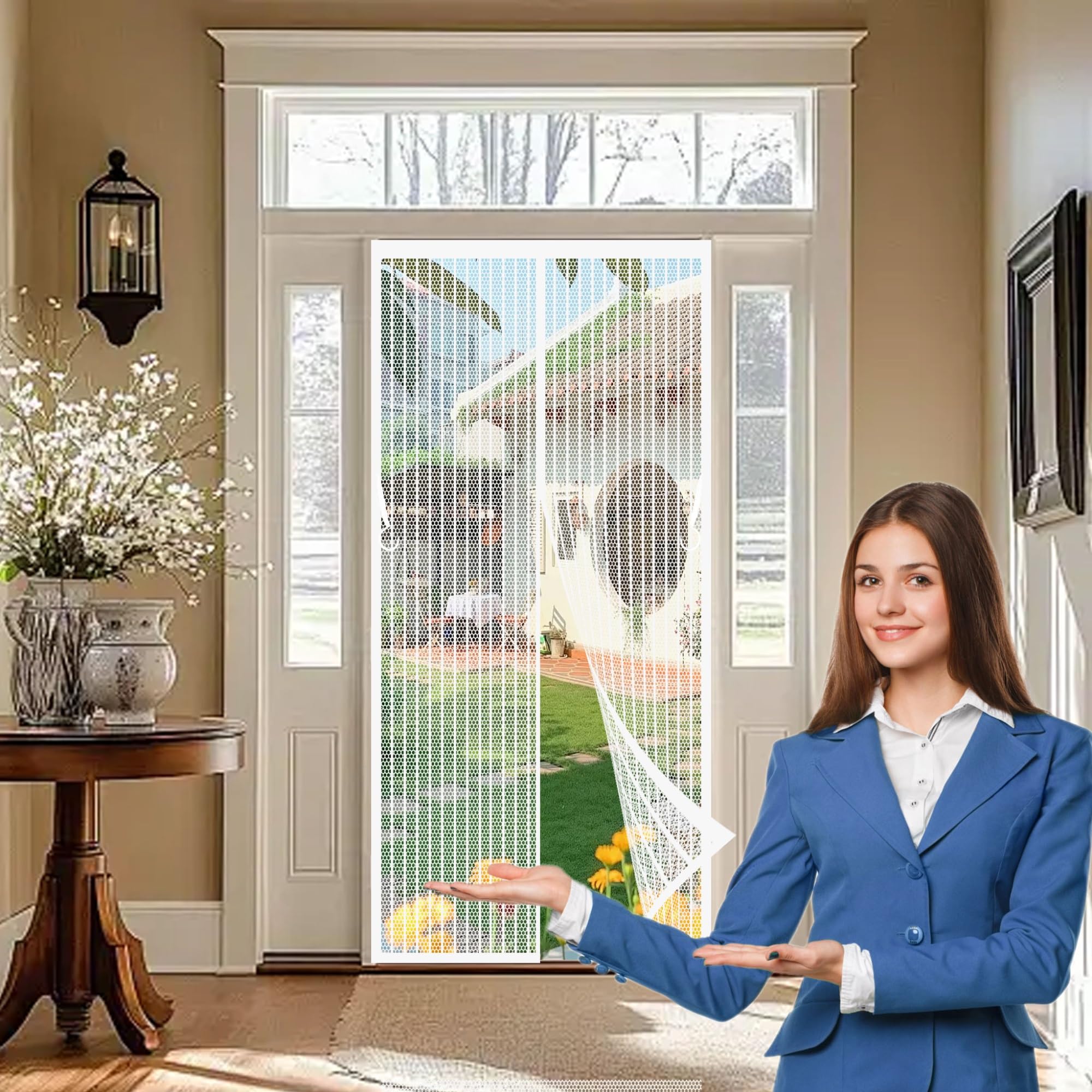 Magnetic Screen Door 116 x 234 cm Powerful Magnets, Self-Sealing, Polyester Fly Screens Doors Nets Lets Fresh Air, Easy to Install for Patio Doors Bedroom, White