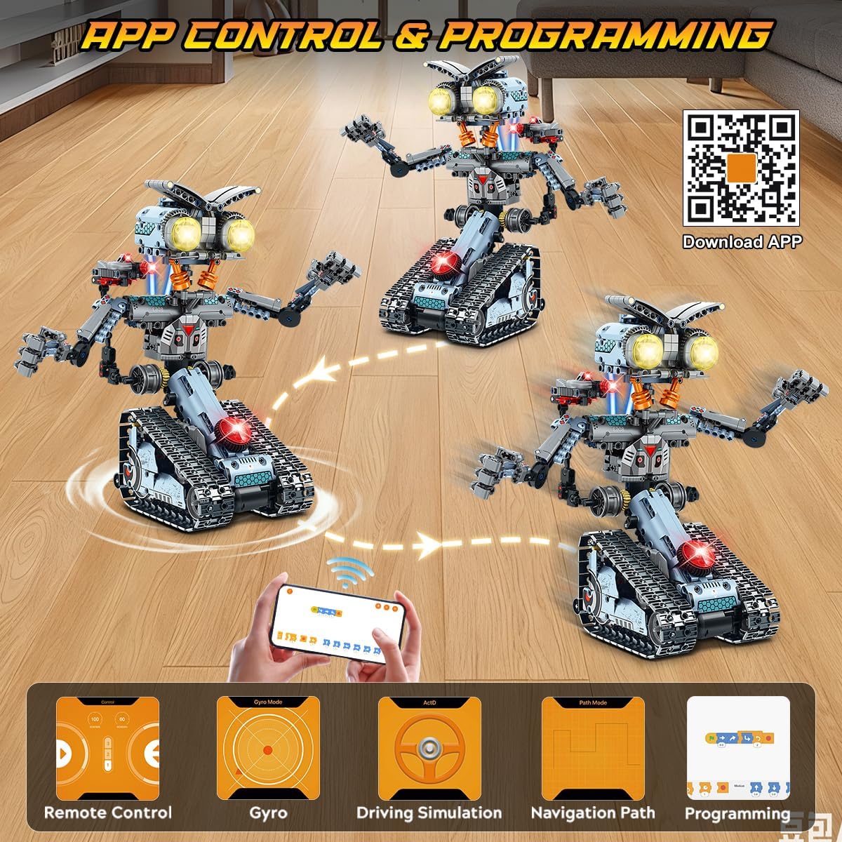 Smartphone app interface showing programming mode with block-based coding