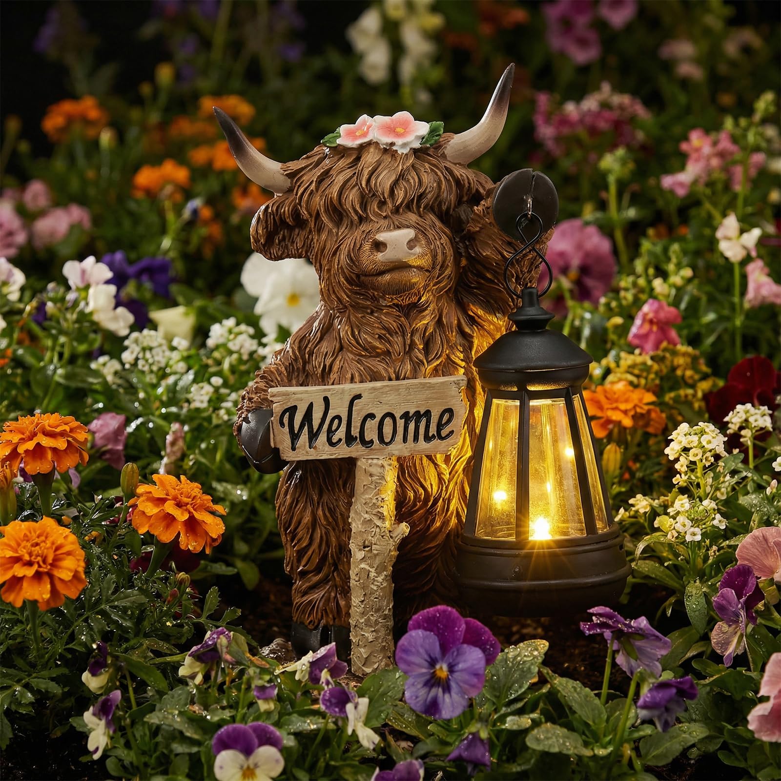 Qinglang Women's Style 2 Highland Cow Garden Ornaments Outdoor Resin Statue With Solar Lantern And Welcome Sign Garden Lights Ornaments For Yard Lawn Porch Balcony Home Decor - Gardening Gifts For Mum(Style 2)