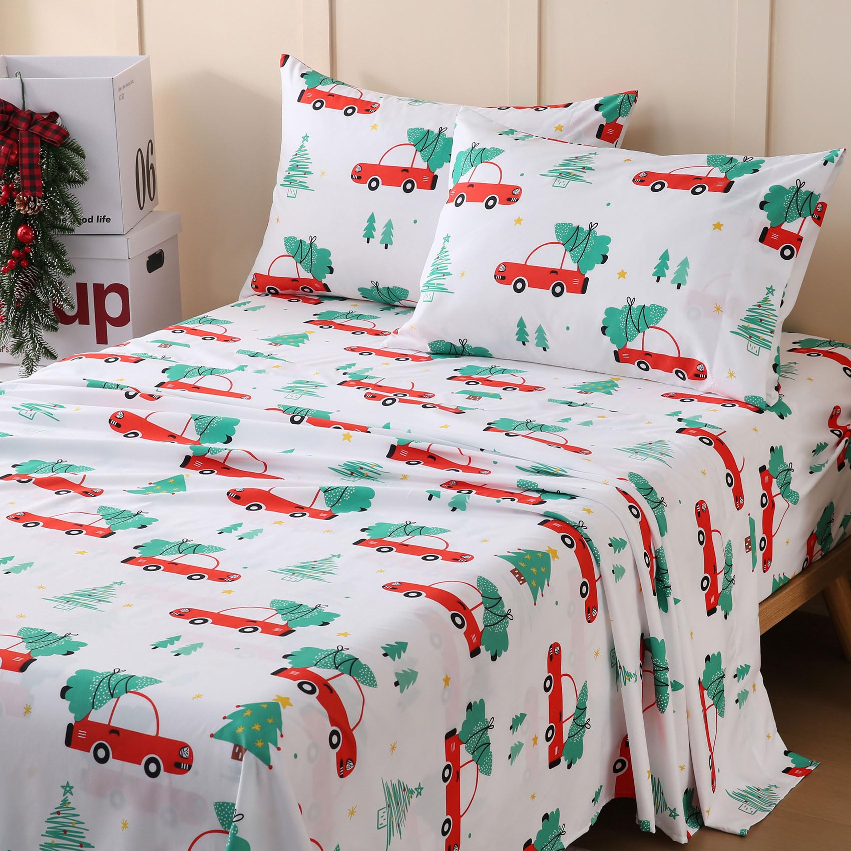 JSD Red Cars Christmas Kids Full Sheet Set 4 Piece