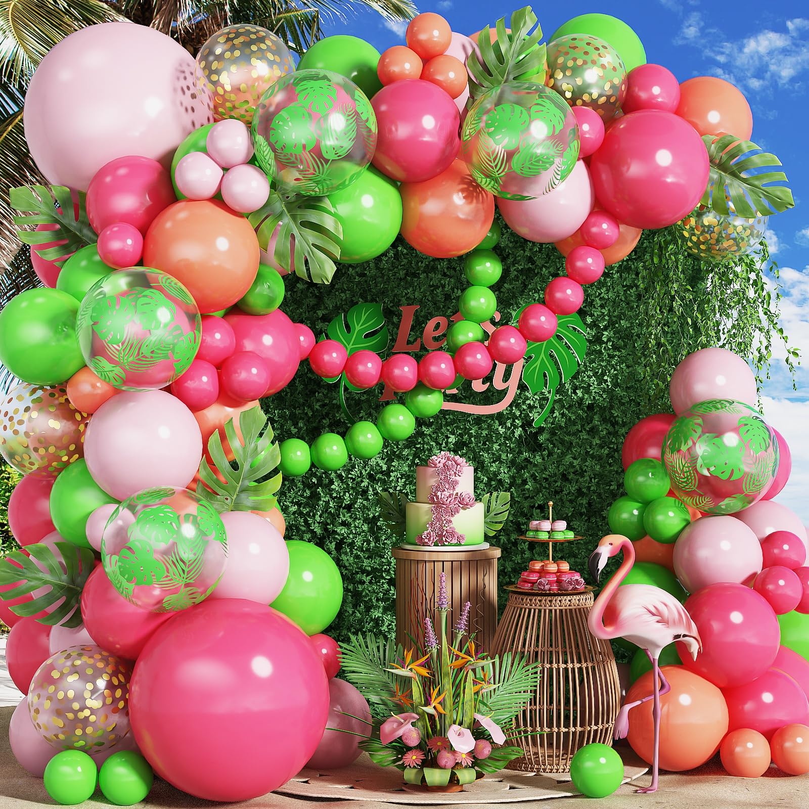 Tropical Balloon Arch Garland Kit, Hawaiian Luau Party Decorations with Hot Pink and Green Balloons, Palm Leaves Balloons Gold Confetti Balloons for
