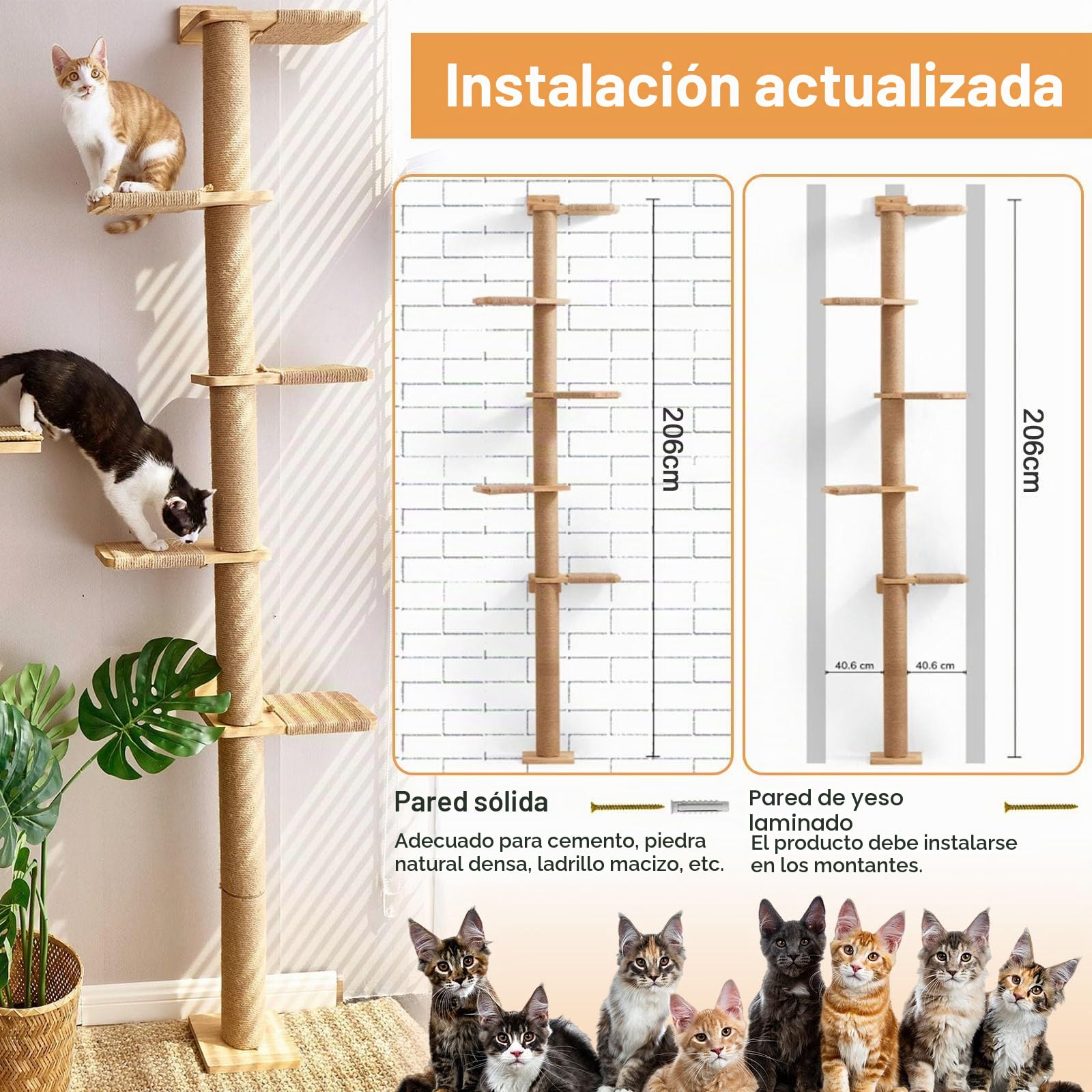 Árbol rascador de 5 niveles para gatos (206 cm), ajustable desde el suelo hasta el techo, estable montado en la pared con rascador, para gatos para escalar, rascar
