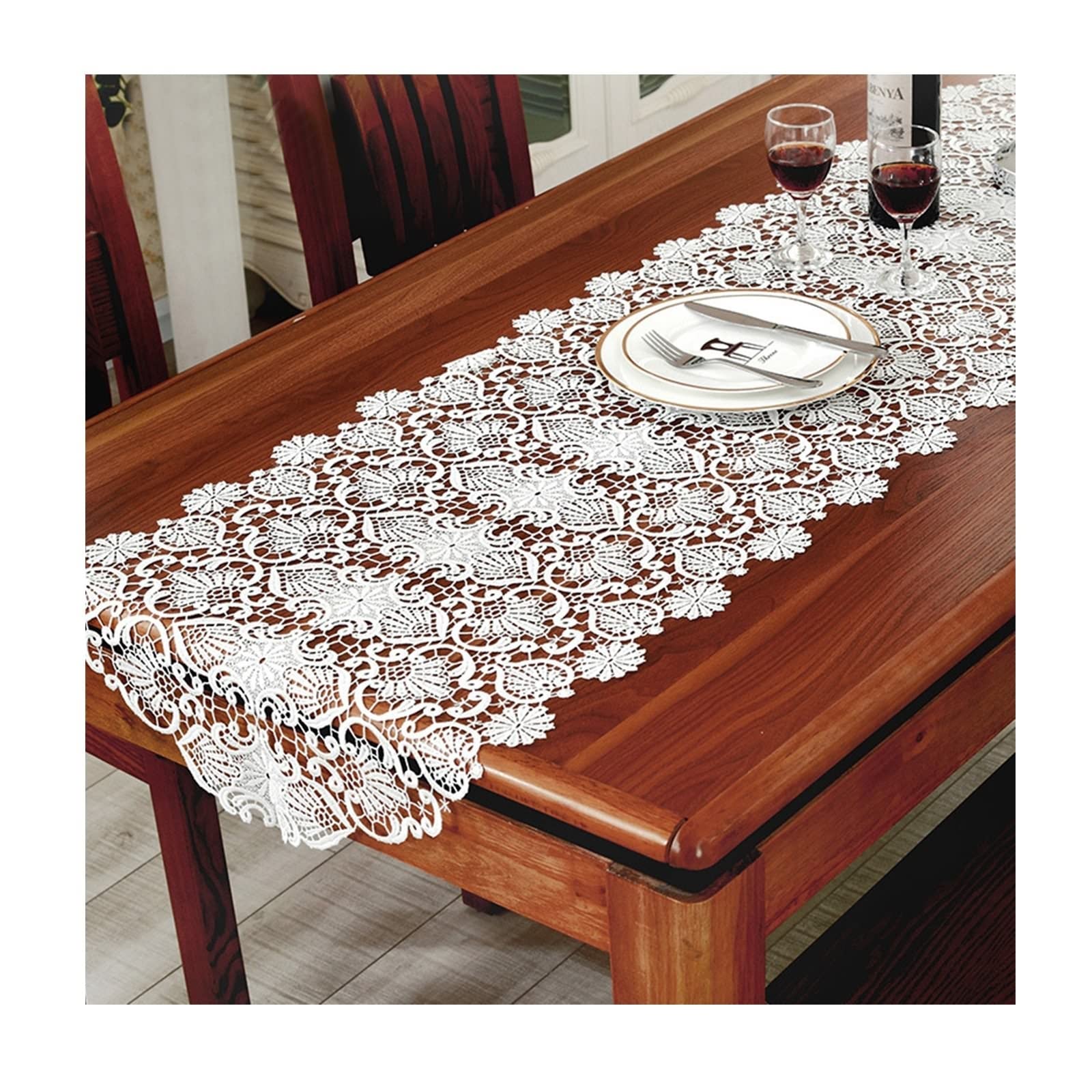 Runner da tavola per matrimonio, bianco, runner da tavola in pizzo, vintage, con ricamo cavo, in poliestere, 50 x 120 cm