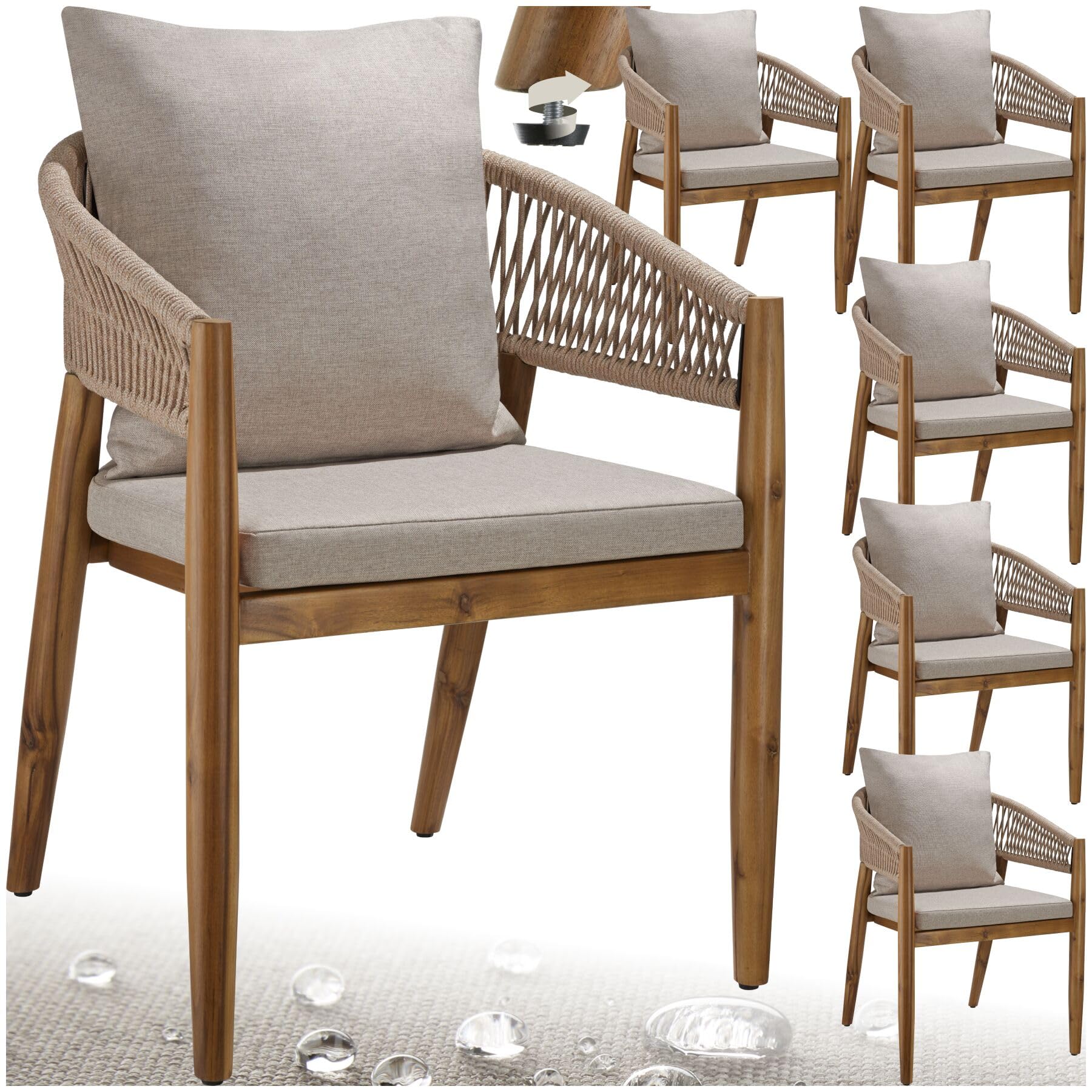 Tectake Set di 6 Sedie da Giardino Poltrona Design a Corda Sedia Struttura in Acacia Cuscini Spessi Morbidi Rivestimenti Idrorepellenti Lavabili Piedini Regolabili Sabbia