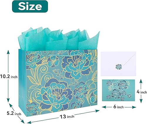 Miniatura 2 de Juego de bolsa de regalo grande de 13 pulgadas con tarjeta de felicitación y papel de seda (flores trazadas de aluminio) para celebrar cumpleaños,