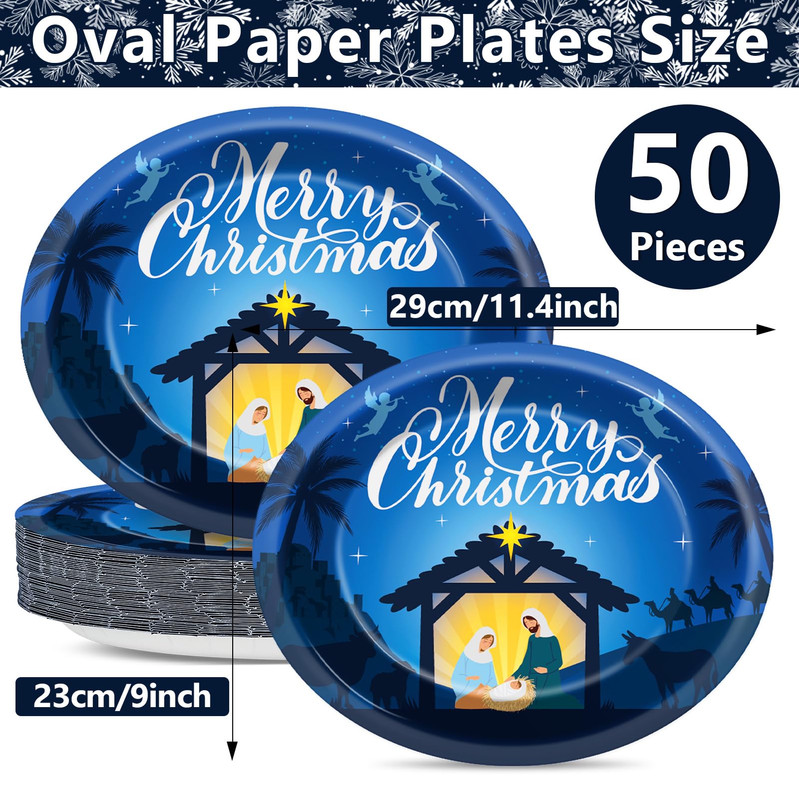 QOUBAI Juego de 50 platos ovalados de Navidad de 11 pulgadas, vajilla grande de Feliz Navidad, vajilla desechable para fiesta de Navidad, hogar, invierno, vacaciones, suministros de decoración