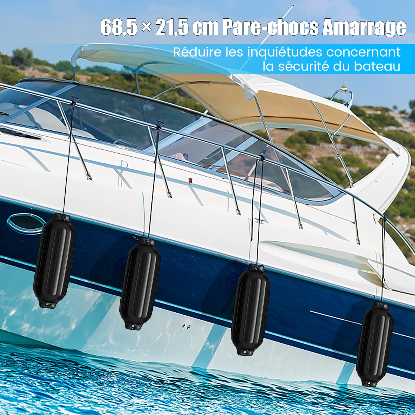 COSTWAY Set de 4 Pare-Battage Gonflables en PVC à Deux Œillets Nervurés pour Ponton, Voilier, Hors-Bord, Protections Gonflables pour Bateaux