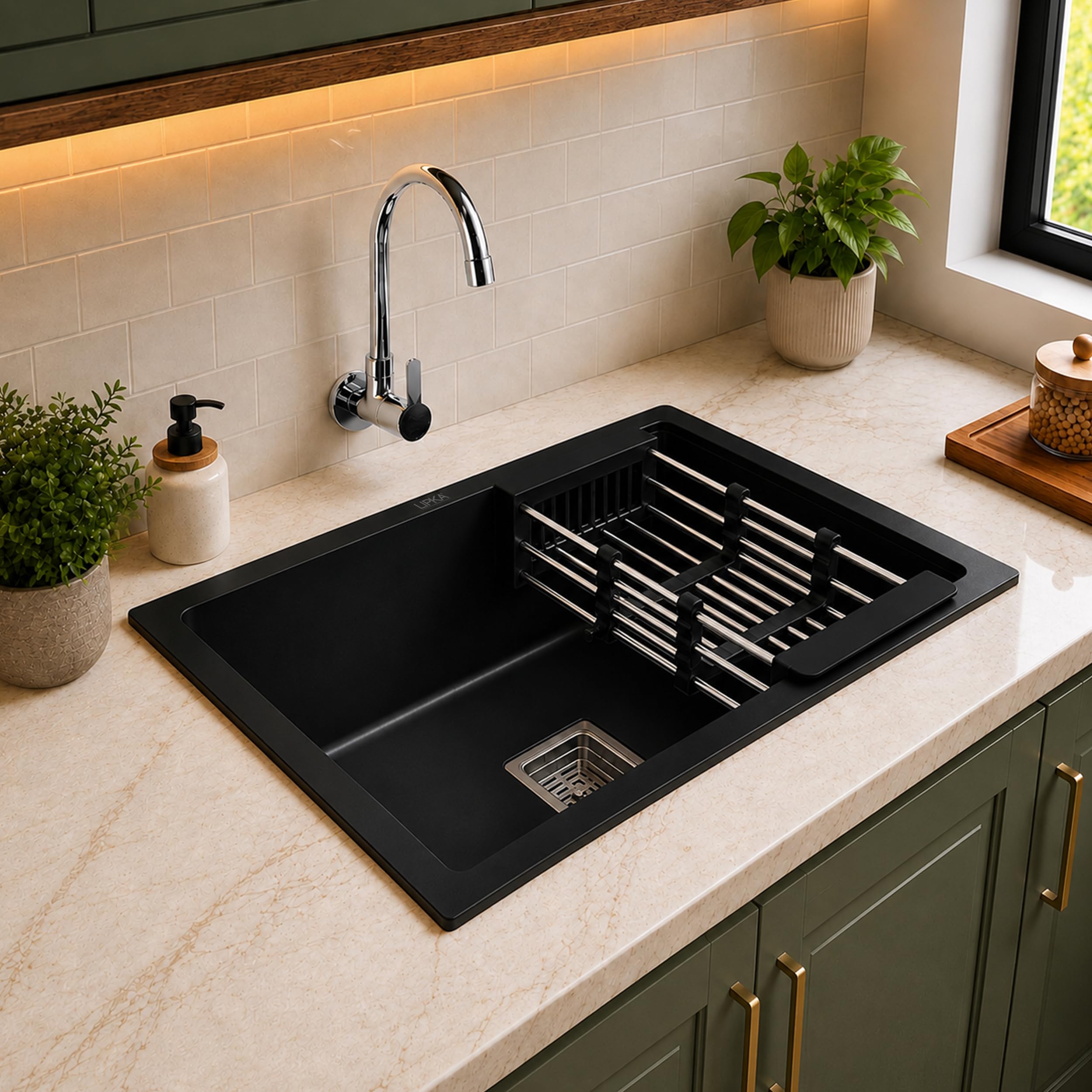LIPKA 24x18x9 Inches Quartz Black Single Bowl Kitchen Sink | Matte Finish | Granite Quartz Black Sink with Waste Pipe, Sink Coupling-image-36