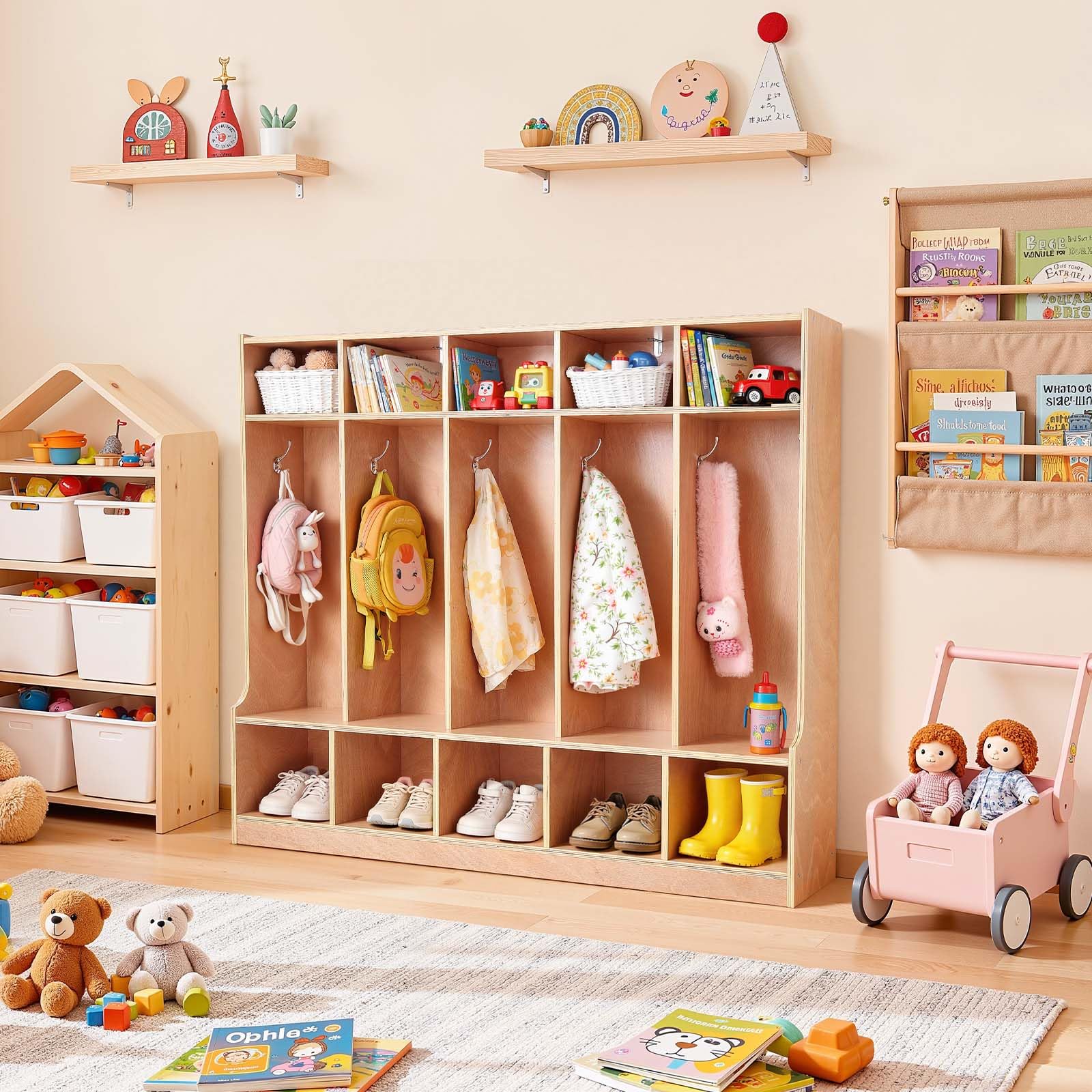 VEVOR Vestiaire 5 Enfants Ouvert, Penderie pour Enfants en Bois, Rangement pour Crèche Maternelle Garderie Maison, Meuble d'accueil Scolaire avec Casiers à Manteaux, à Chaussures et Cases Supérieures