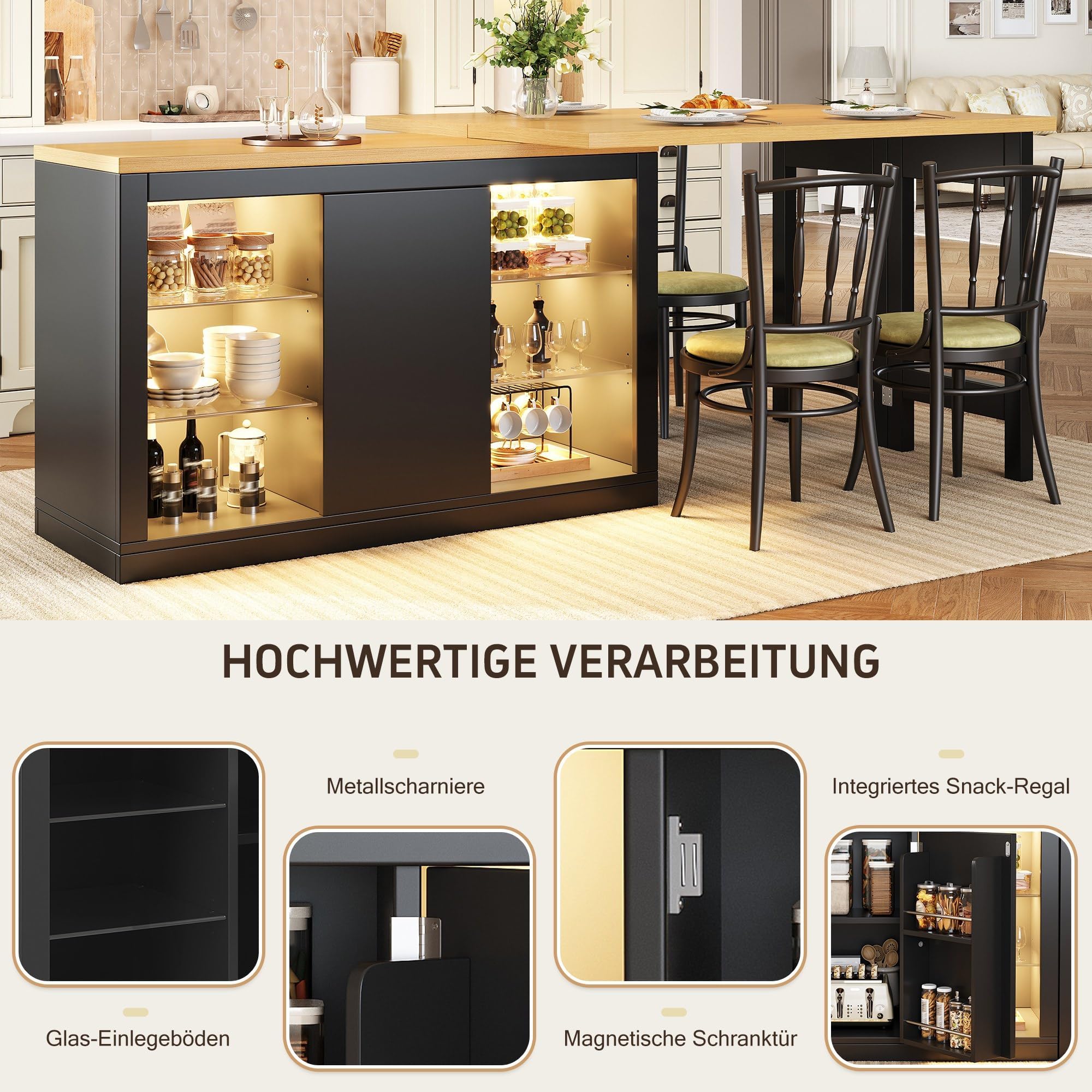 Ausziehbarer Kücheninsel-Esstisch mit App-steuerbarer LED, 120-197cm, 360° drehbar, mit magnetischen Türen & Glas-Einlegeböden, Schwarz, belastbar bis 60kg