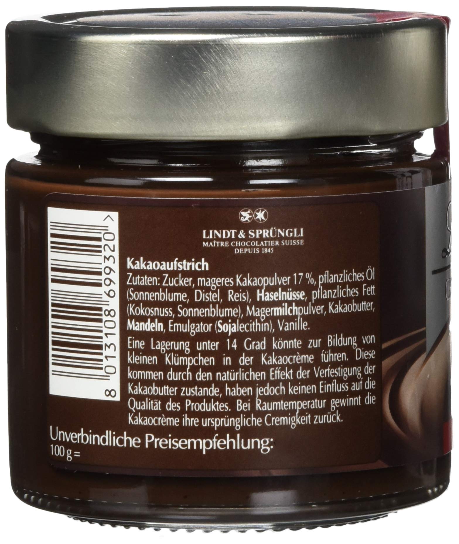 Lindt & Sprüngli Crème Noir, Kakaocreme, Schokoladen Brotaufstrich, dunkle Lindt Chocolade, glutenfrei, 4er Pack (4 x 220 g)