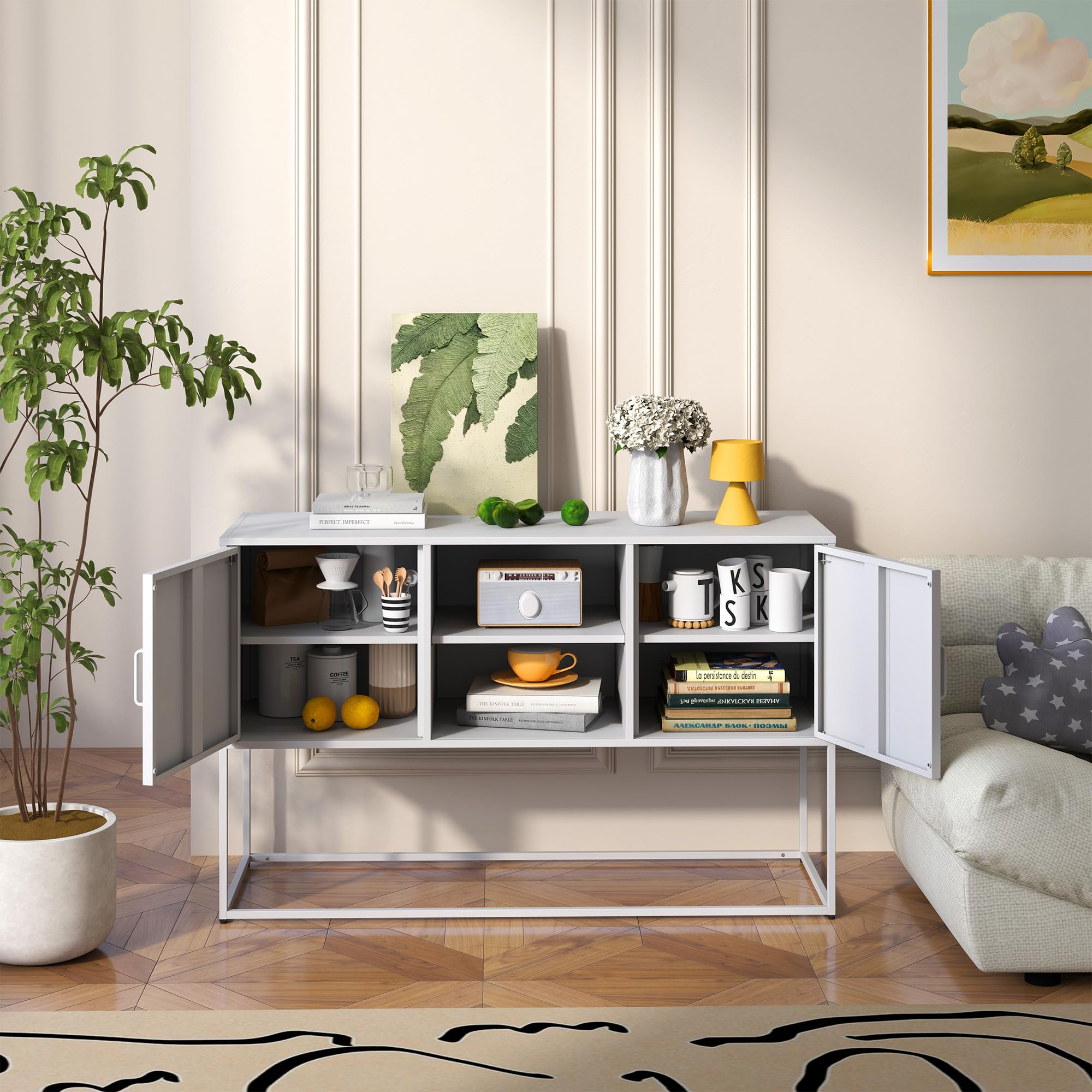 Sideboard, 120 cm Breit Küchenschrank mit 2 Beweglich Regalen, Buffetschrank mit 2 Türen und offene Lagerung, Küchenbuffet für Wohnzimmer, Küche, Flur, Anti-Kipp Design(Weiß)
