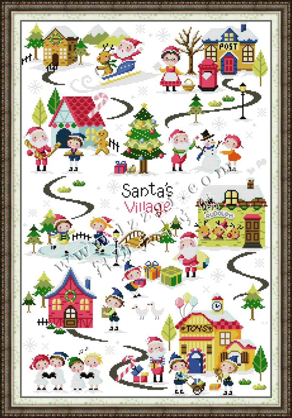 Rosyfoxes Cross Stitch Kits Stamped Full Range of Embroidery Starter Kits for Beginners DIY 14CT 2 Strands - Printed kit Christmas Village (Printed) 17.3x24.4 inches