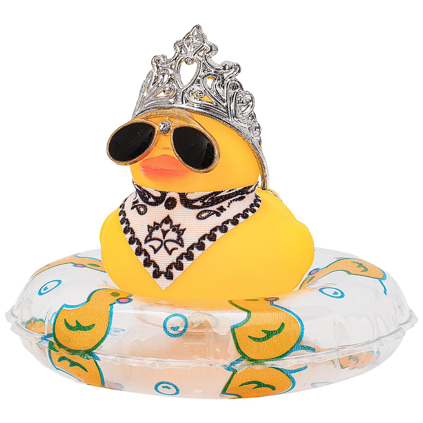 wonuuRubber Duck Car Ornaments, West Cowboy Duck Car Dashboard Decoration Accessories with Mini Swim Ring Cowboy Hat Scarf and Diamond Sunglasses，B_white&scarf king crown clear ring