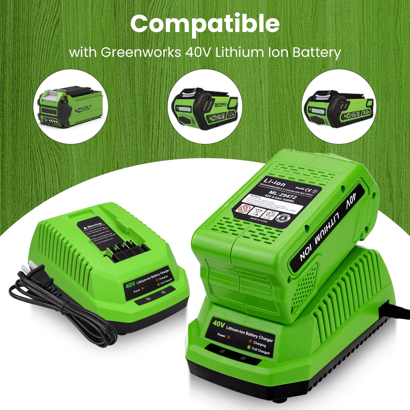 2Ah 40 Volt 29482 Charger Replacement for Greenworks 40V Charger Compatible with Greenworks 40V Battery Lithium ion 29462 29472