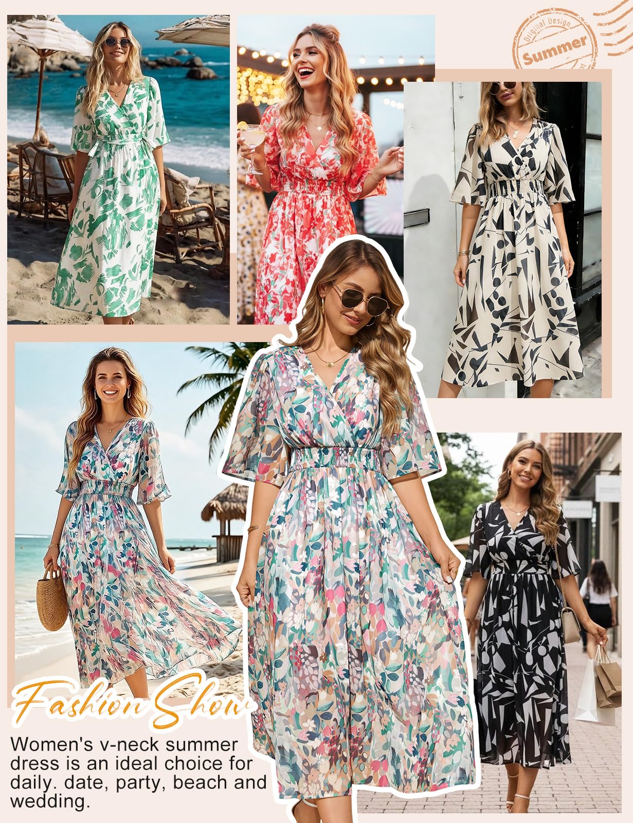 Abiti Donna Estivi Vestiti Manica Corta Vestito Lungo Elegante Scollo a V Boho Stampa Floreale Elastico a Vita Alta Abito da Mare Spiaggia Casual Cocktail Party